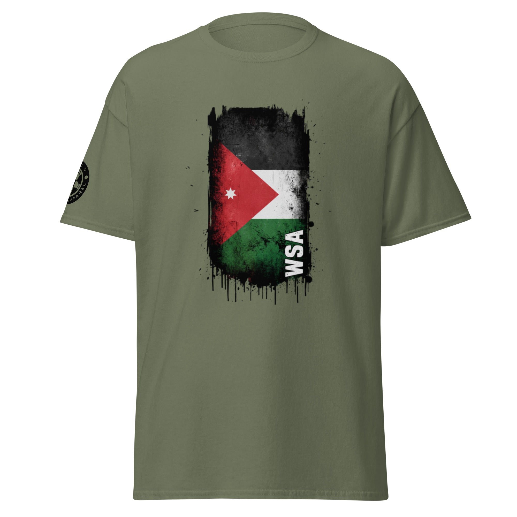 Green t-shirt with a flag design and 'WSA' text on a white background