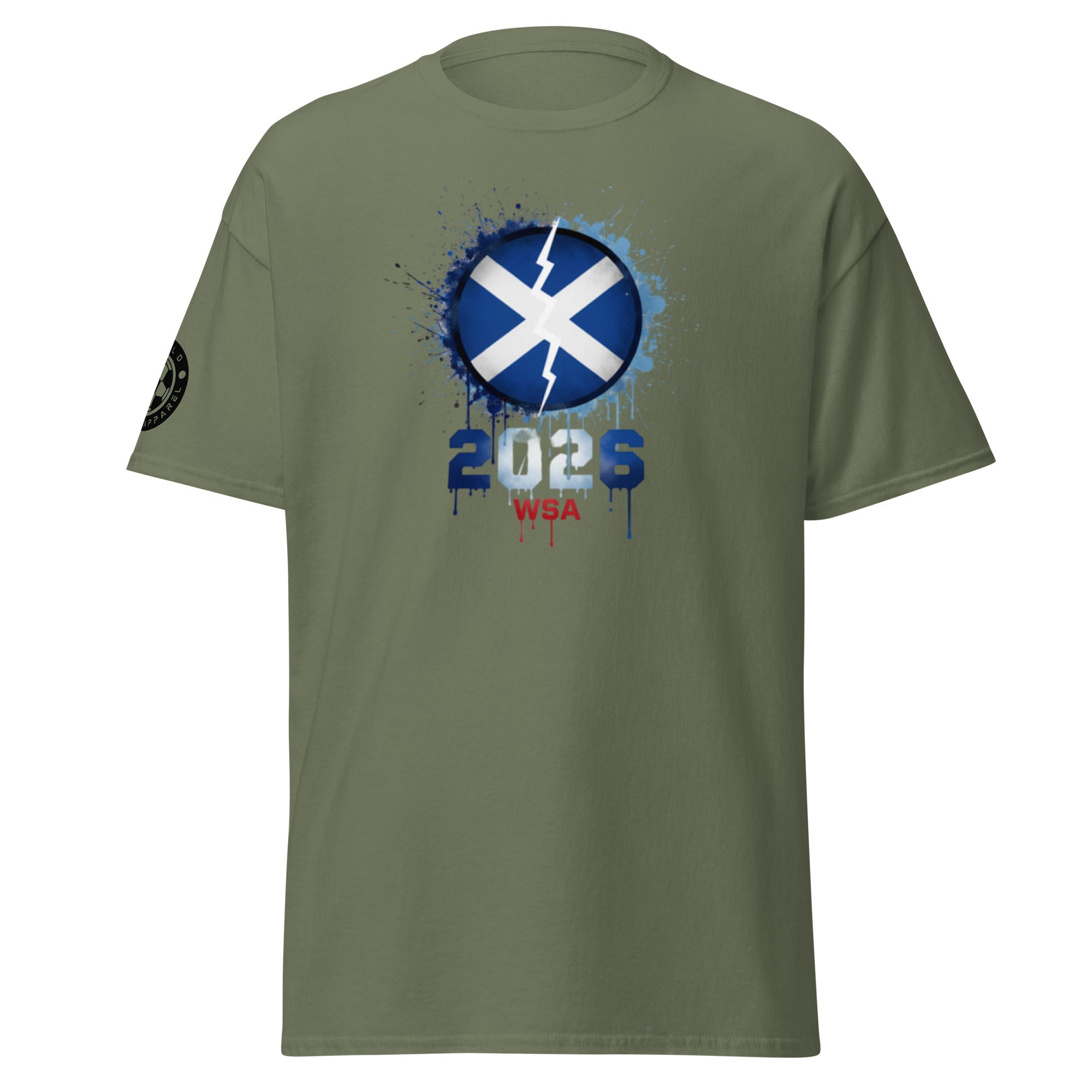 Green t-shirt with a blue and white design featuring the number 2026 and text on a white background