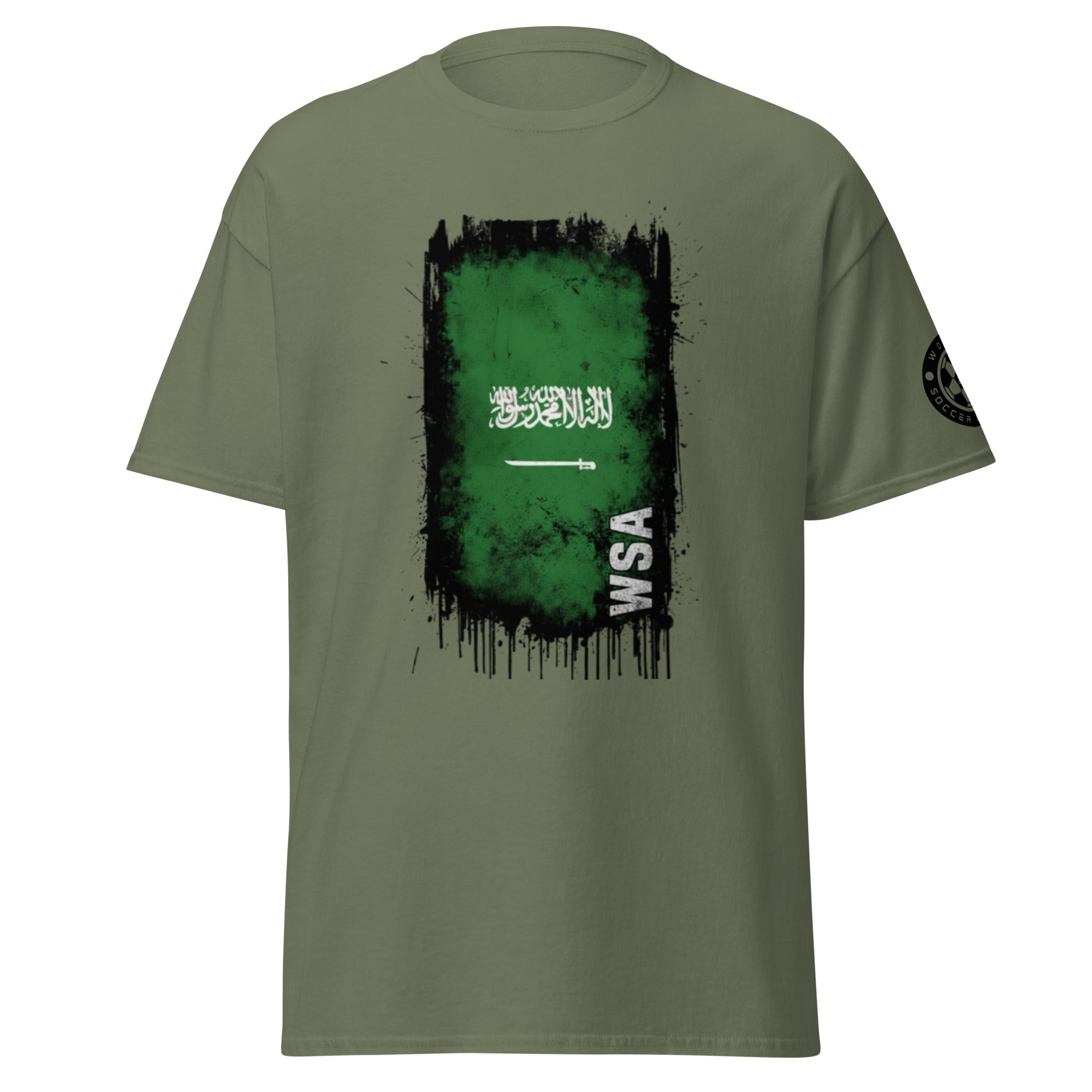 Green t-shirt with a graphic design on a white background