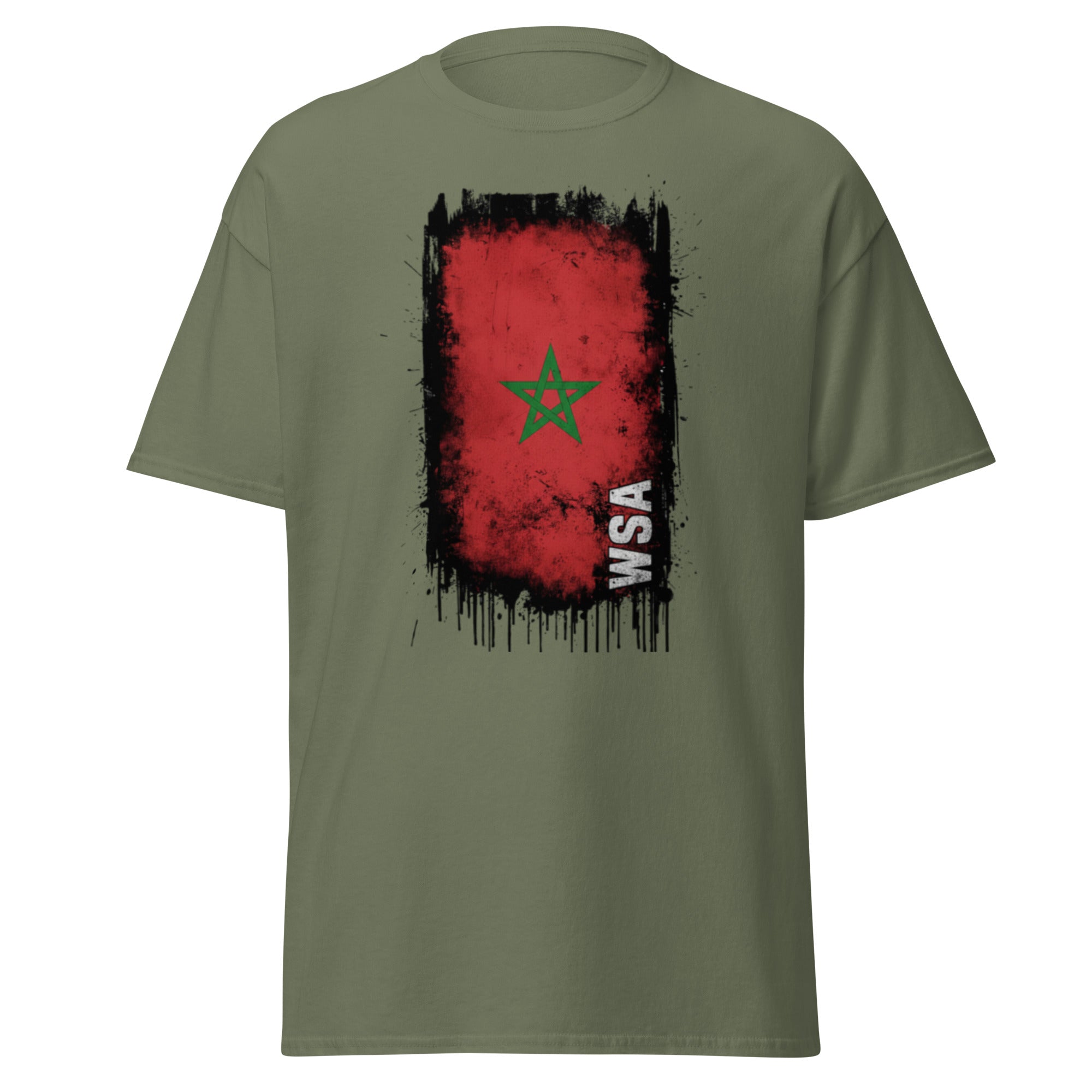 Green t-shirt with a red flag design featuring a green star and 'WSA' text on a white background.