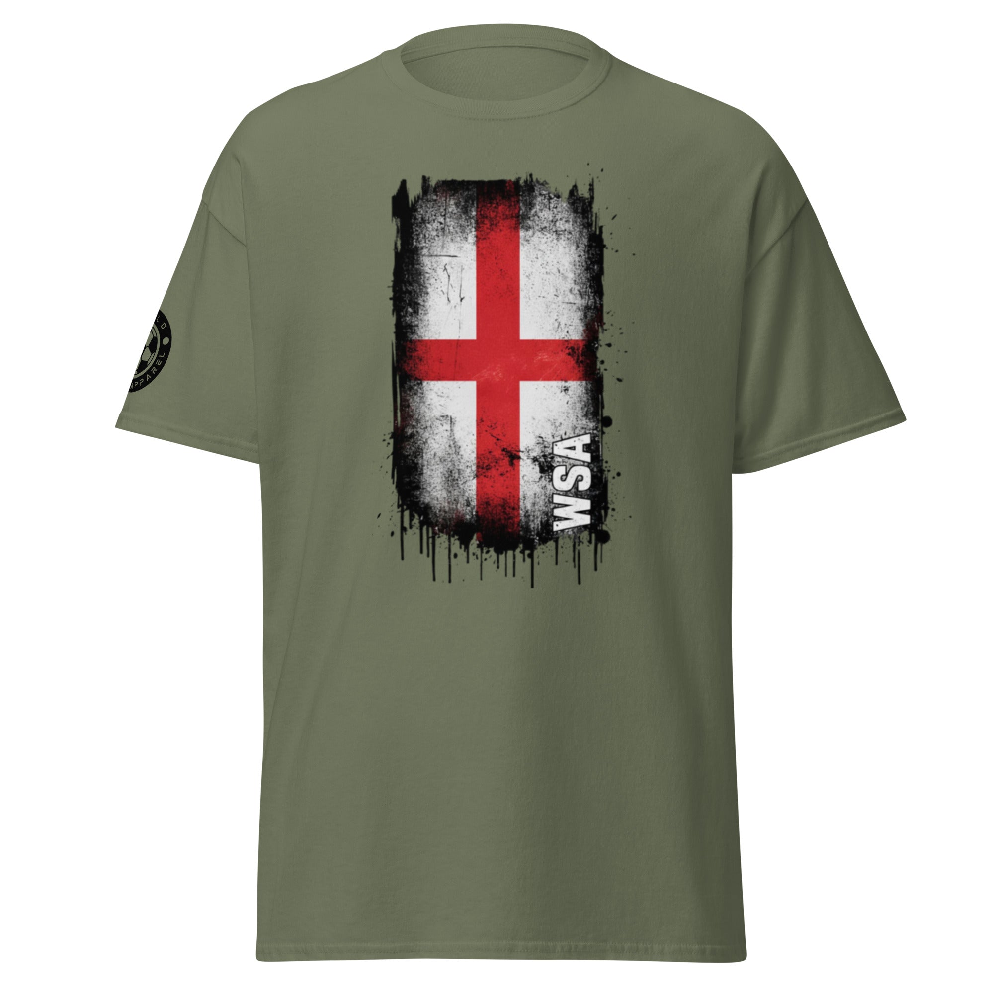Green t-shirt with a red and white cross design on a white background