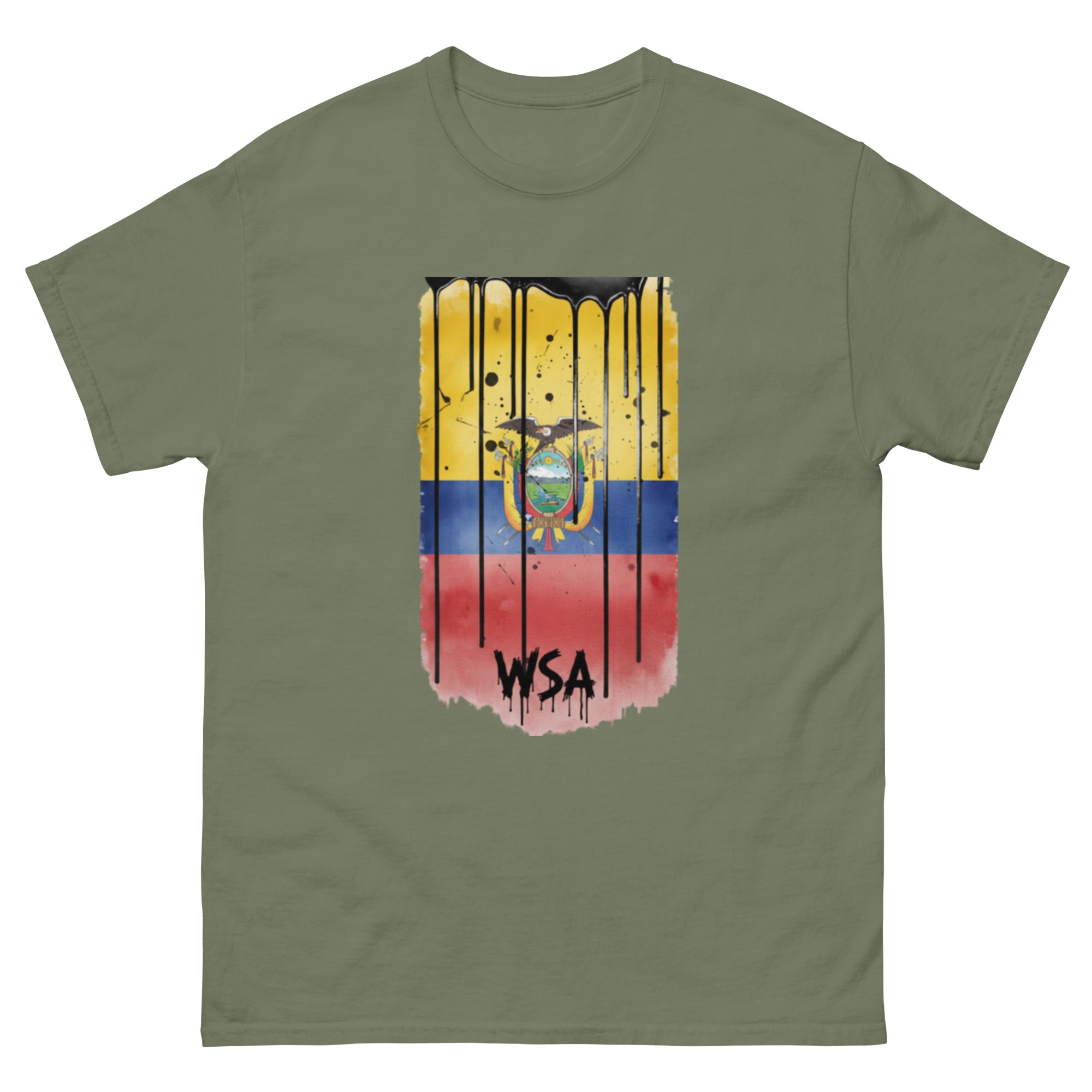 Green t-shirt with a colorful flag design and 'WSA' text on a white background
