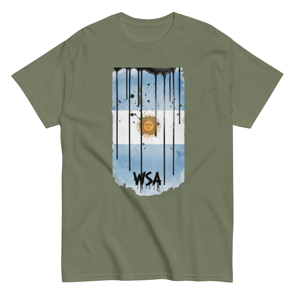 Green t-shirt with a graphic design of an Argentine flag and 'WSA' text on a white background