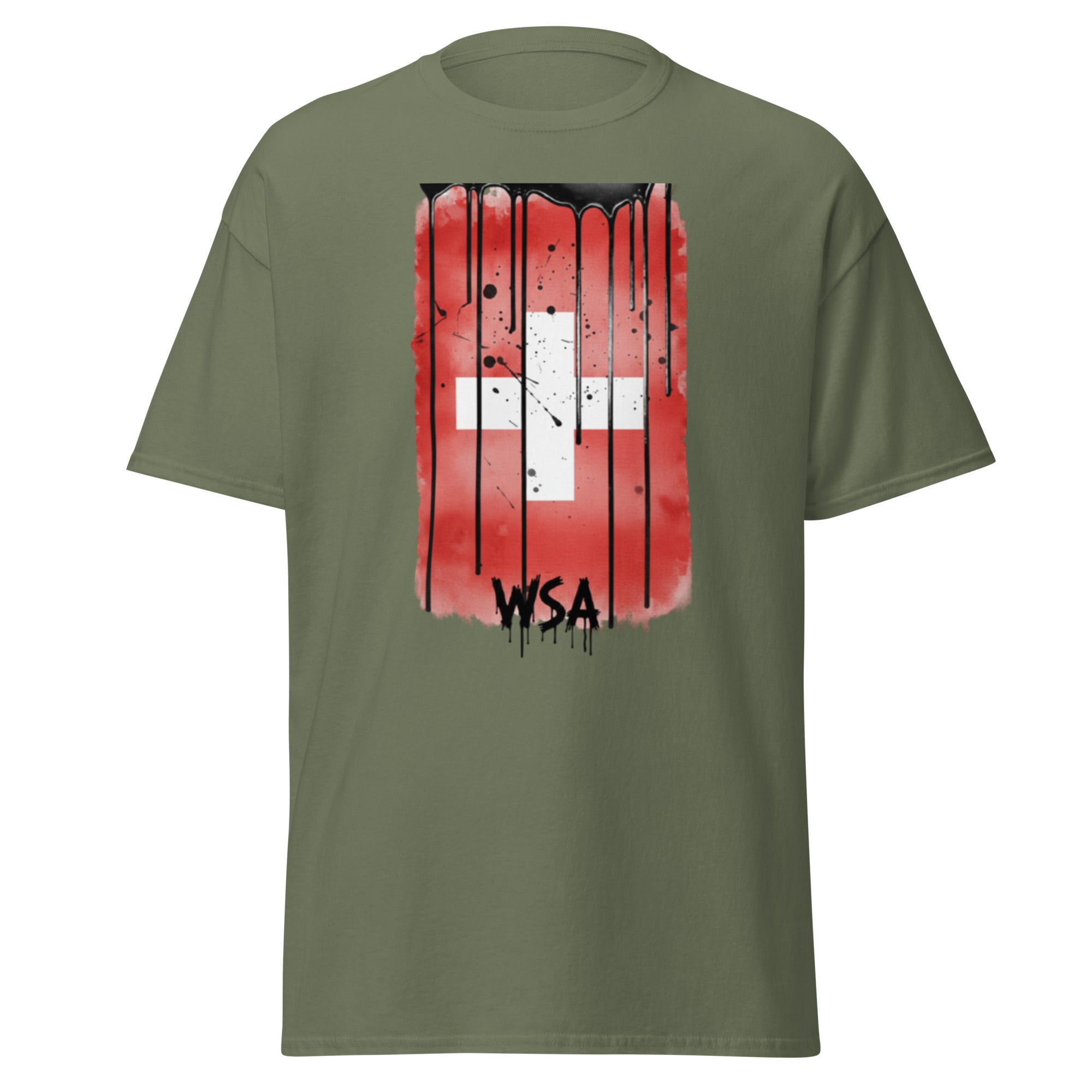 Green t-shirt with a red and white graphic design on a white background