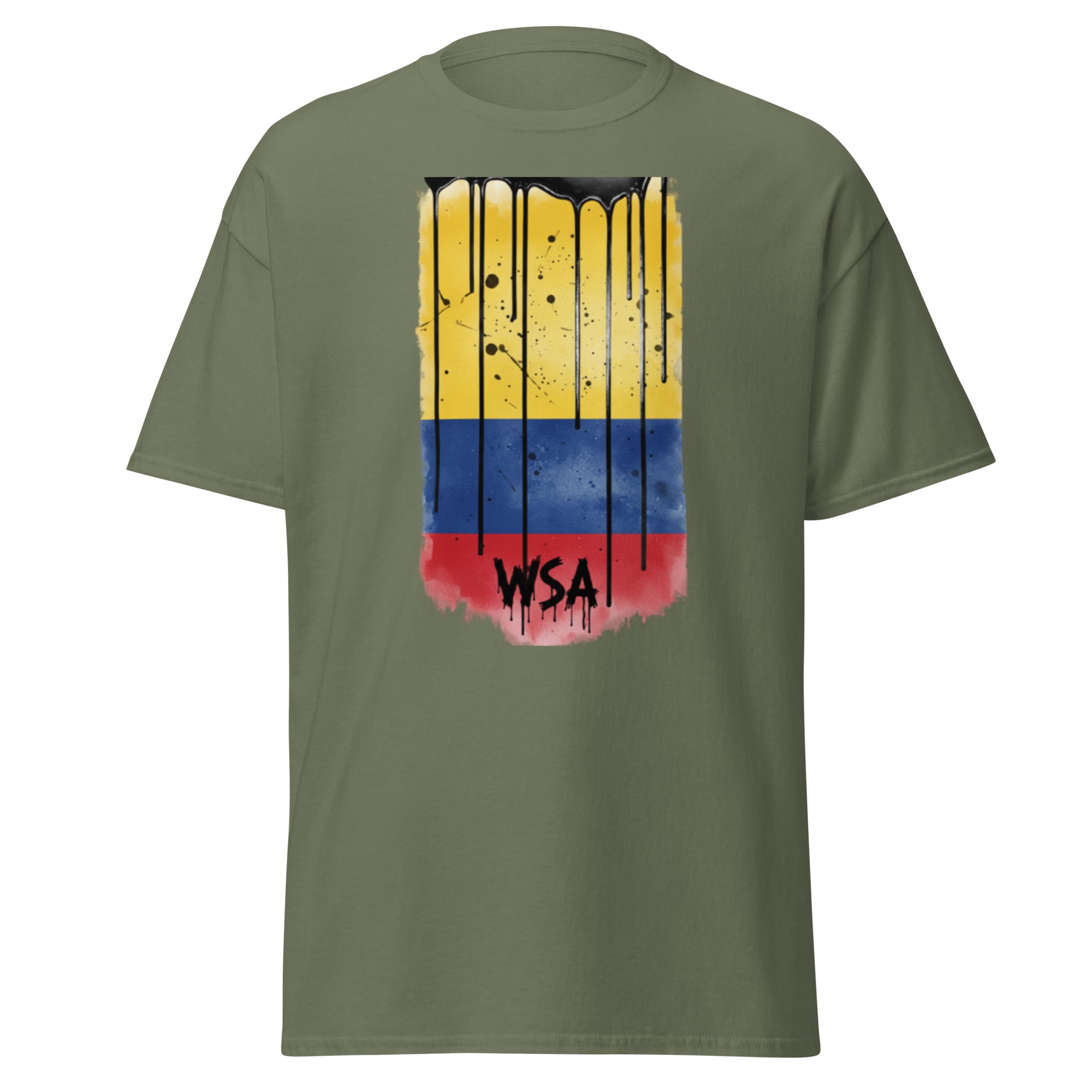 Green t-shirt with a colorful design and 'WSA' text on a white background