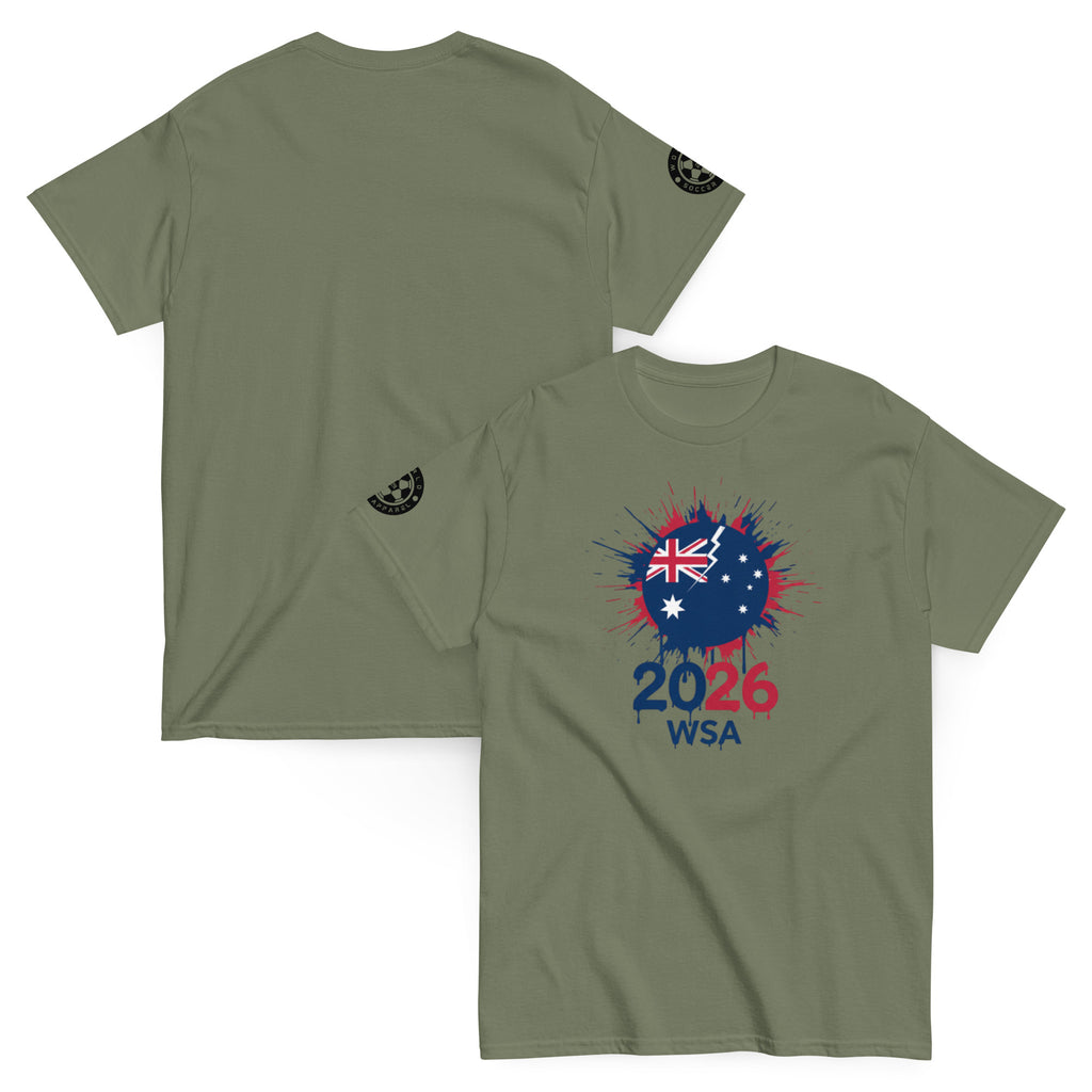 Green t-shirt with Australian flag design and '2026 WSA' text on a white background