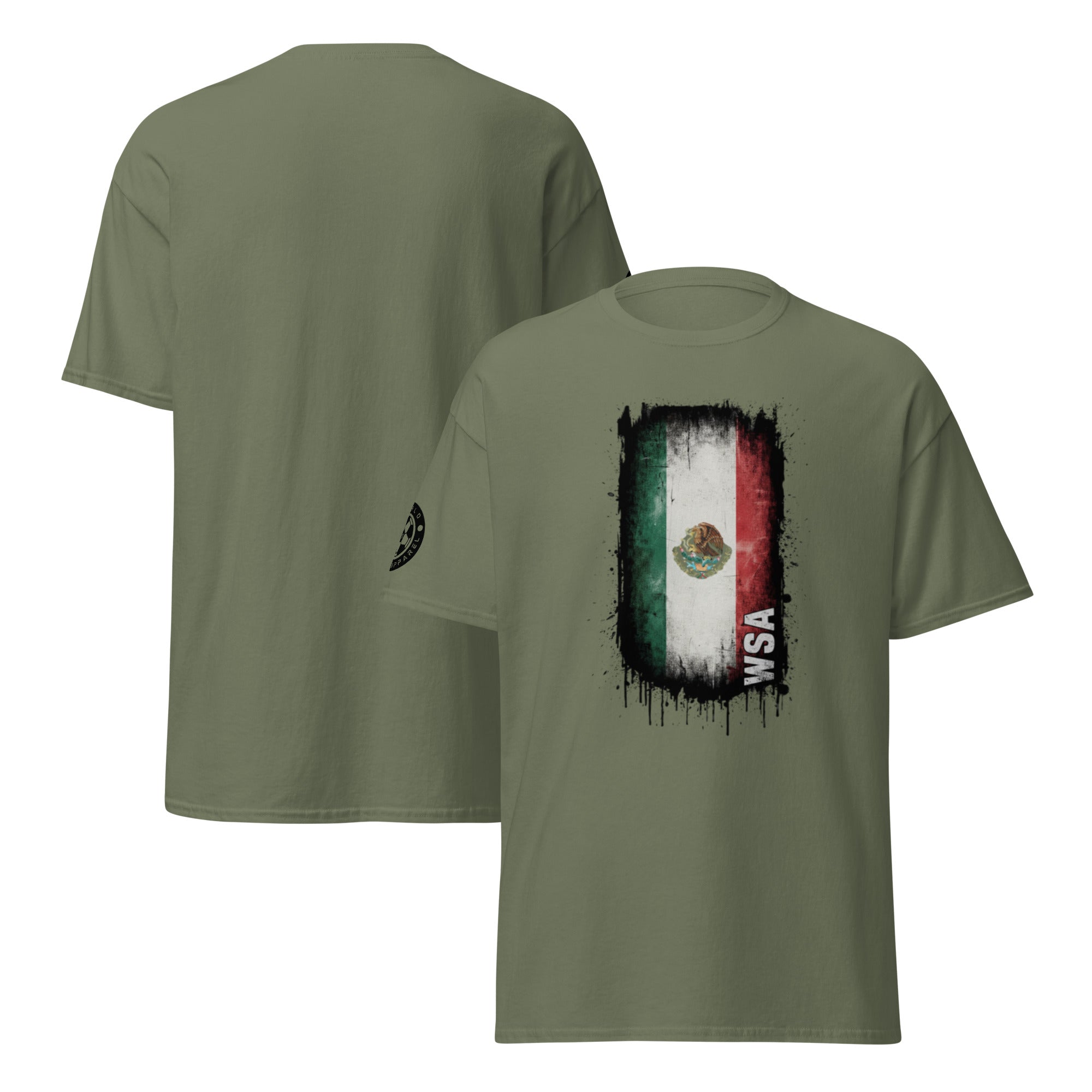 Green t-shirt with Mexican flag design and 'WSA' branding on a white background