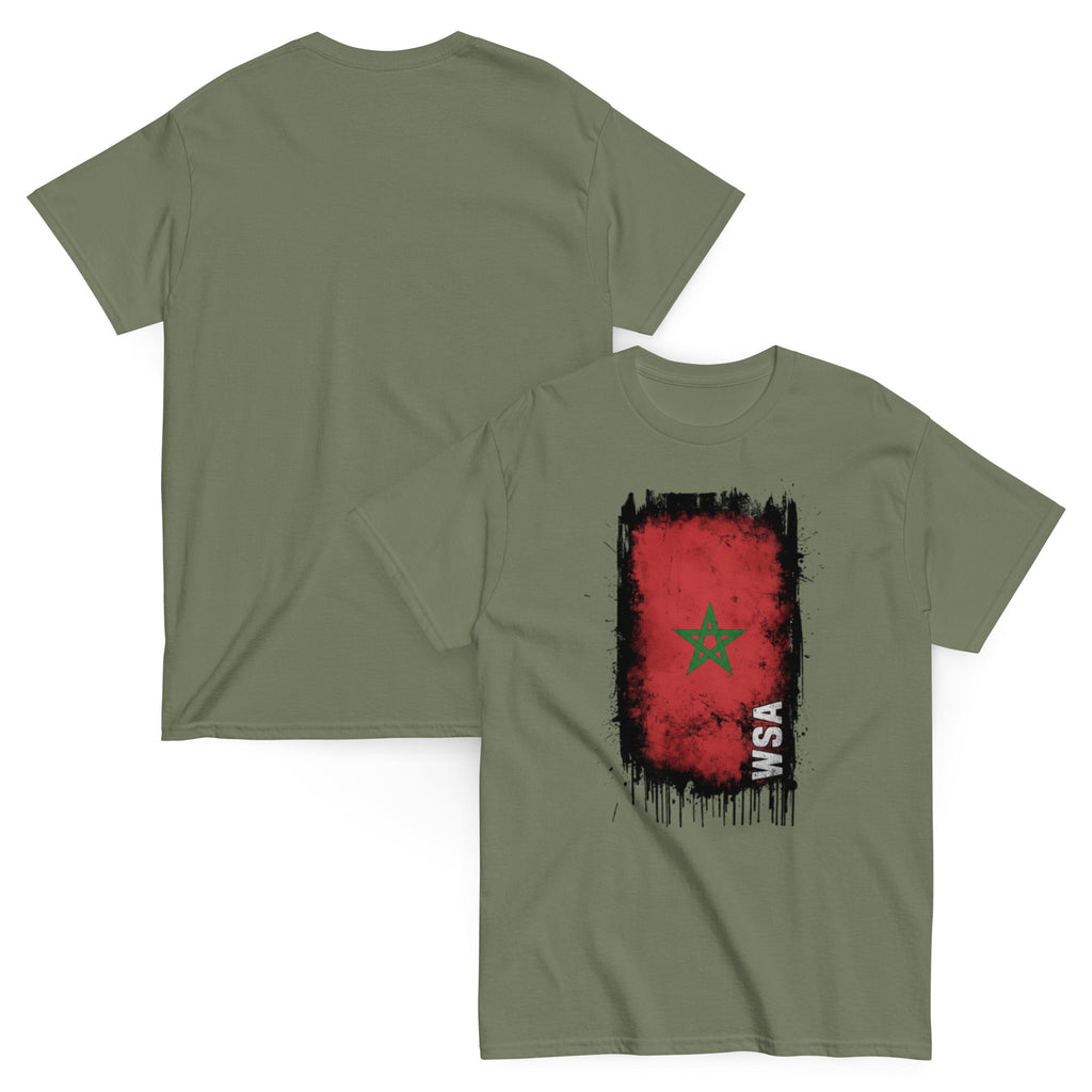 Green t-shirt with red and black design on a white background