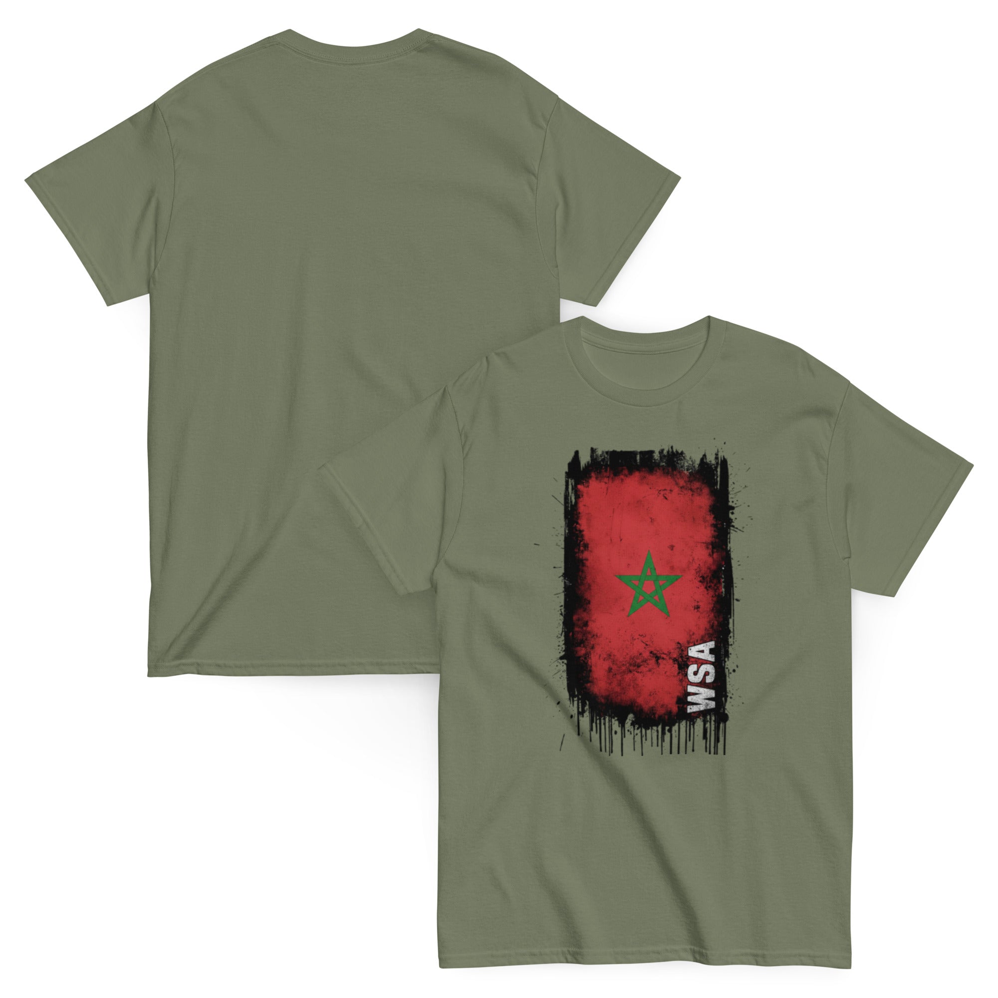 Green t-shirt with red and black design on a white background