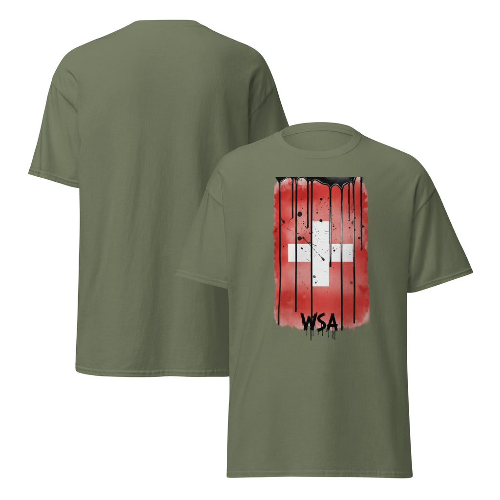 Green t-shirt with red graphic design and 'WSA' text on a white background
