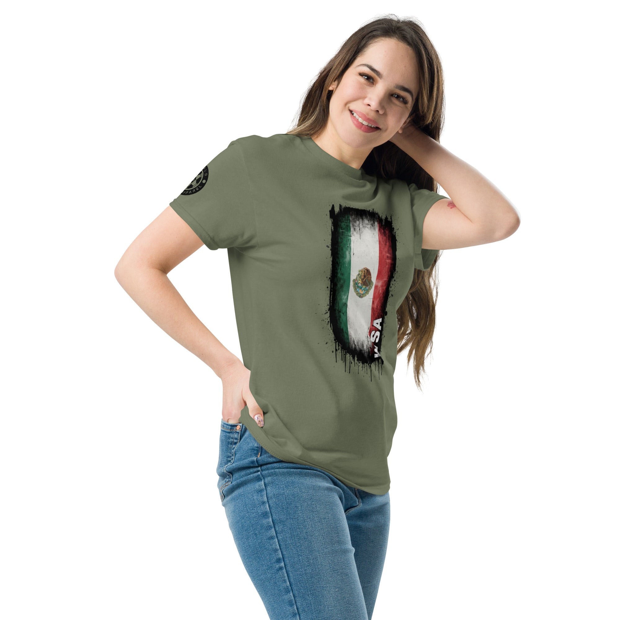 Woman wearing a green t-shirt with a graphic design on a white background