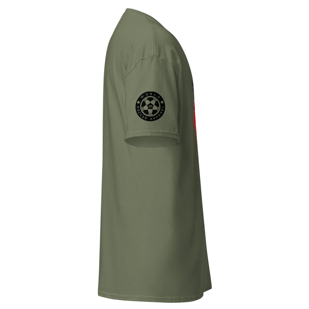 Green t-shirt with a logo on the sleeve against a white background