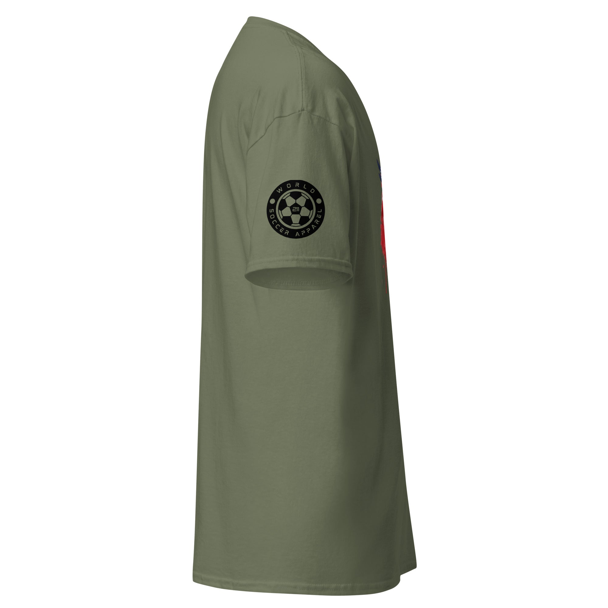 Green t-shirt with a logo on the sleeve against a white background