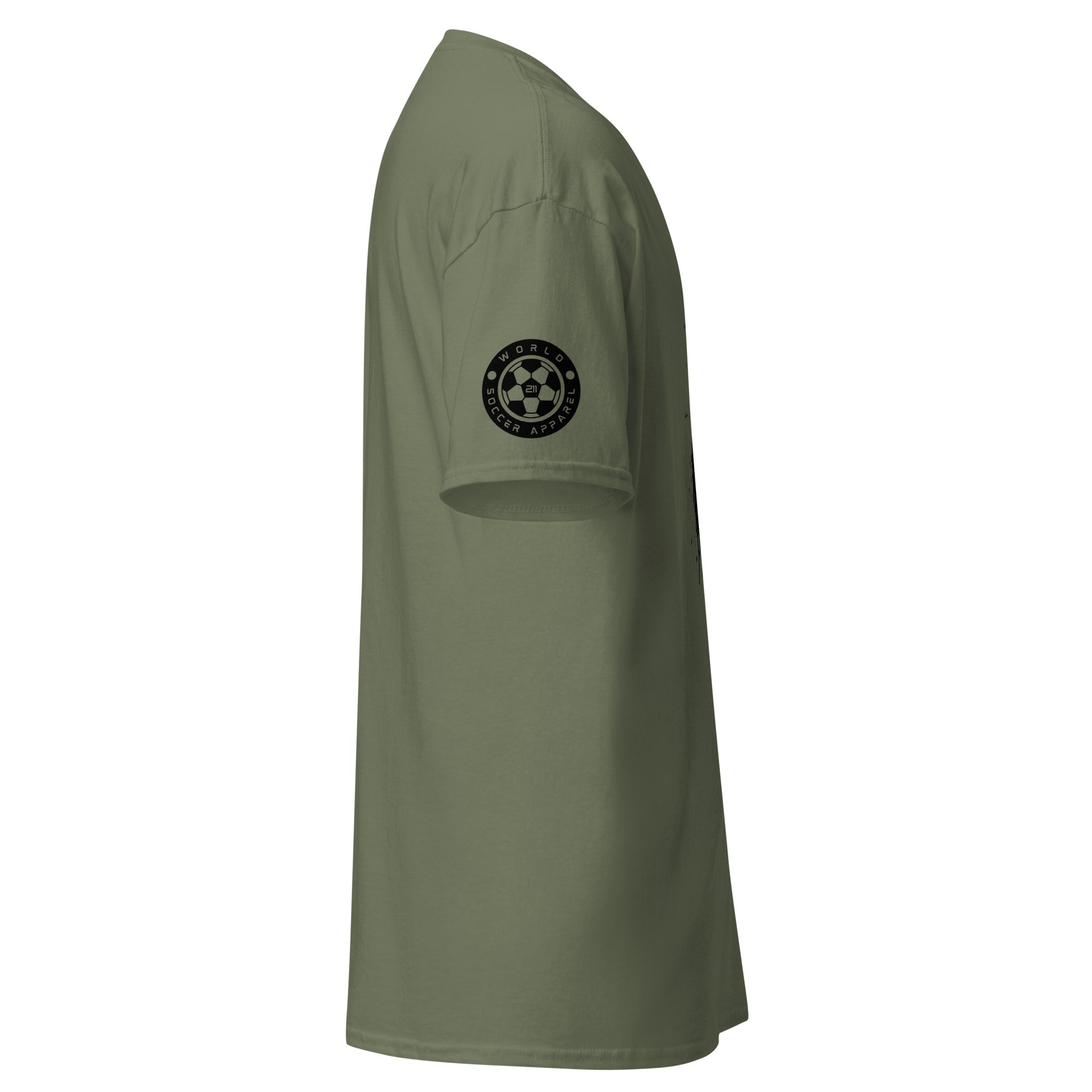 Green t-shirt with a logo on the sleeve against a white background