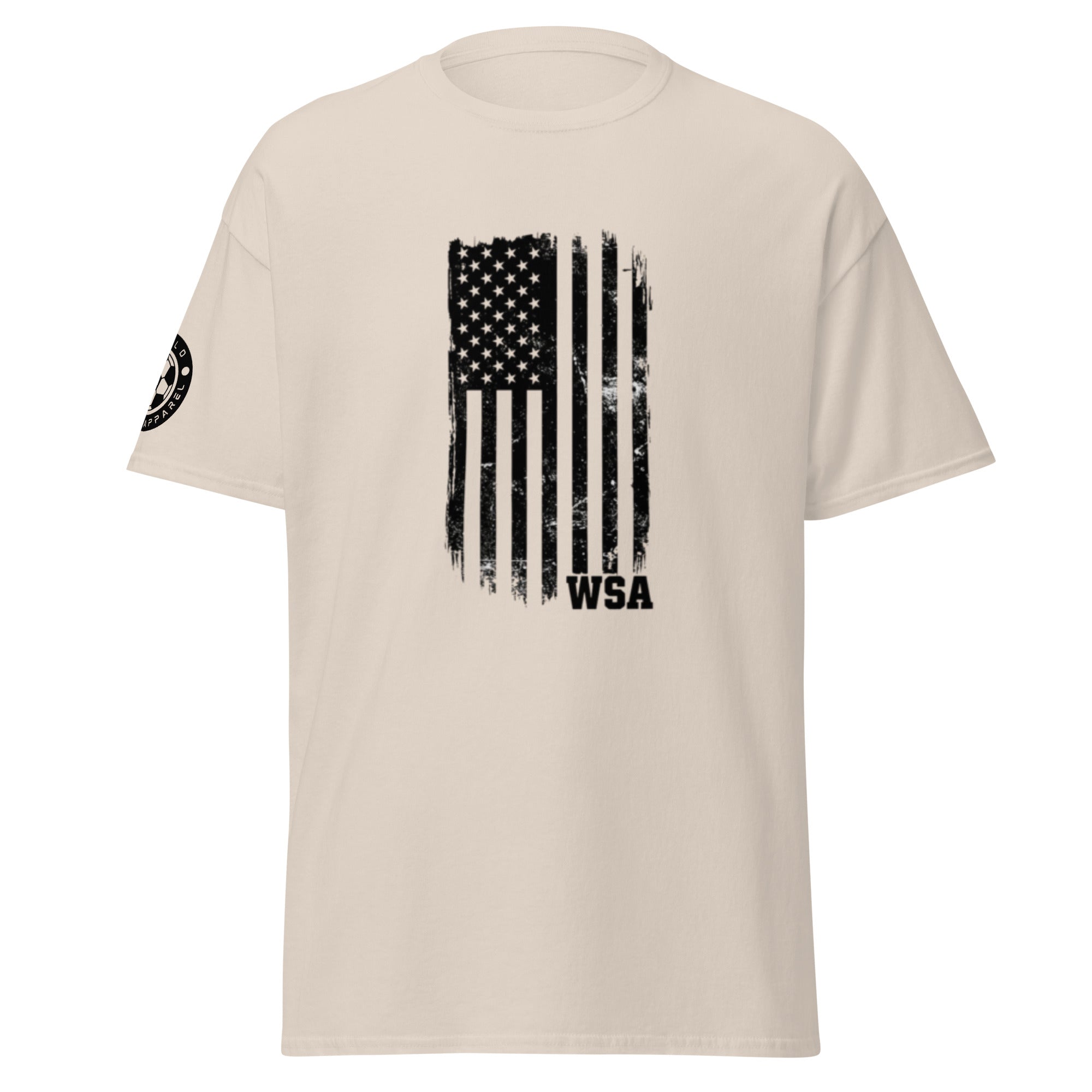 Beige t-shirt with American flag graphic and 'WSA' text on a white background