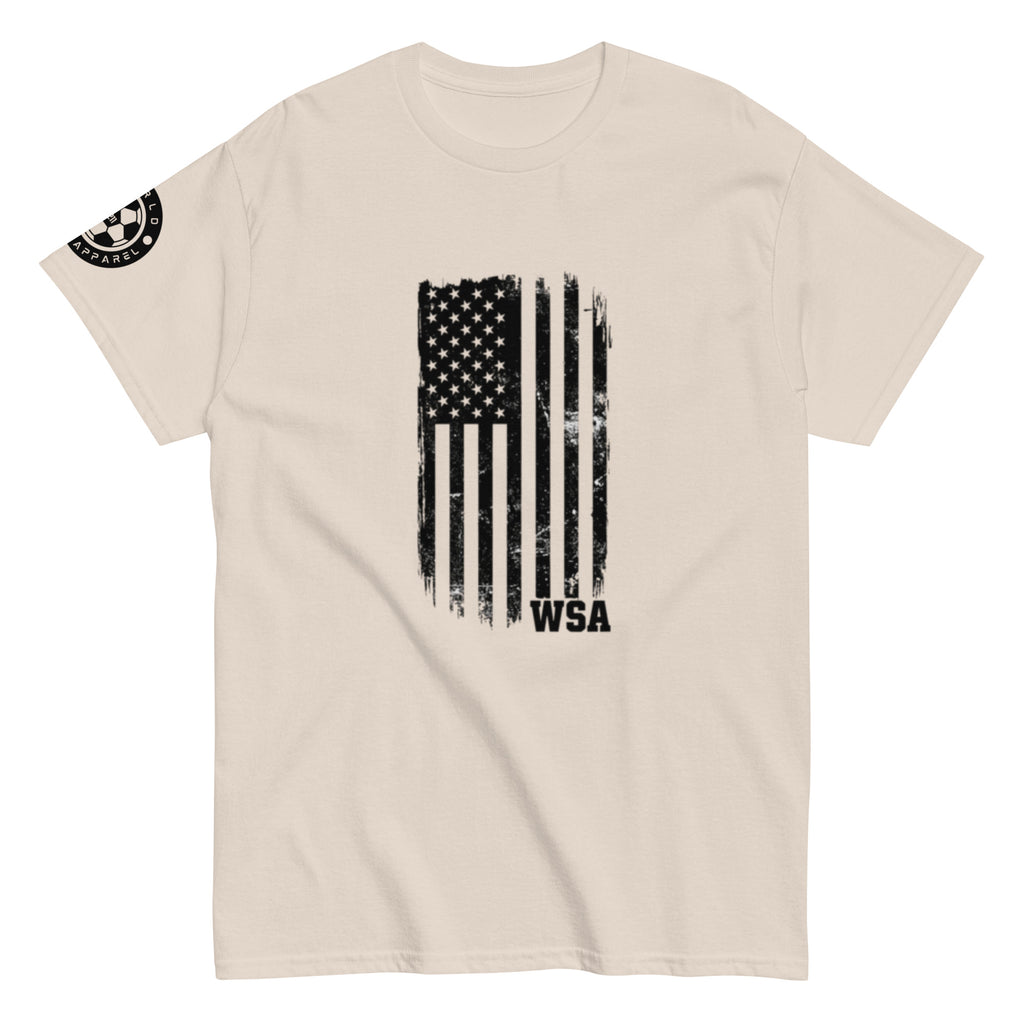 Beige t-shirt with American flag graphic and 'WSA' text on a white background