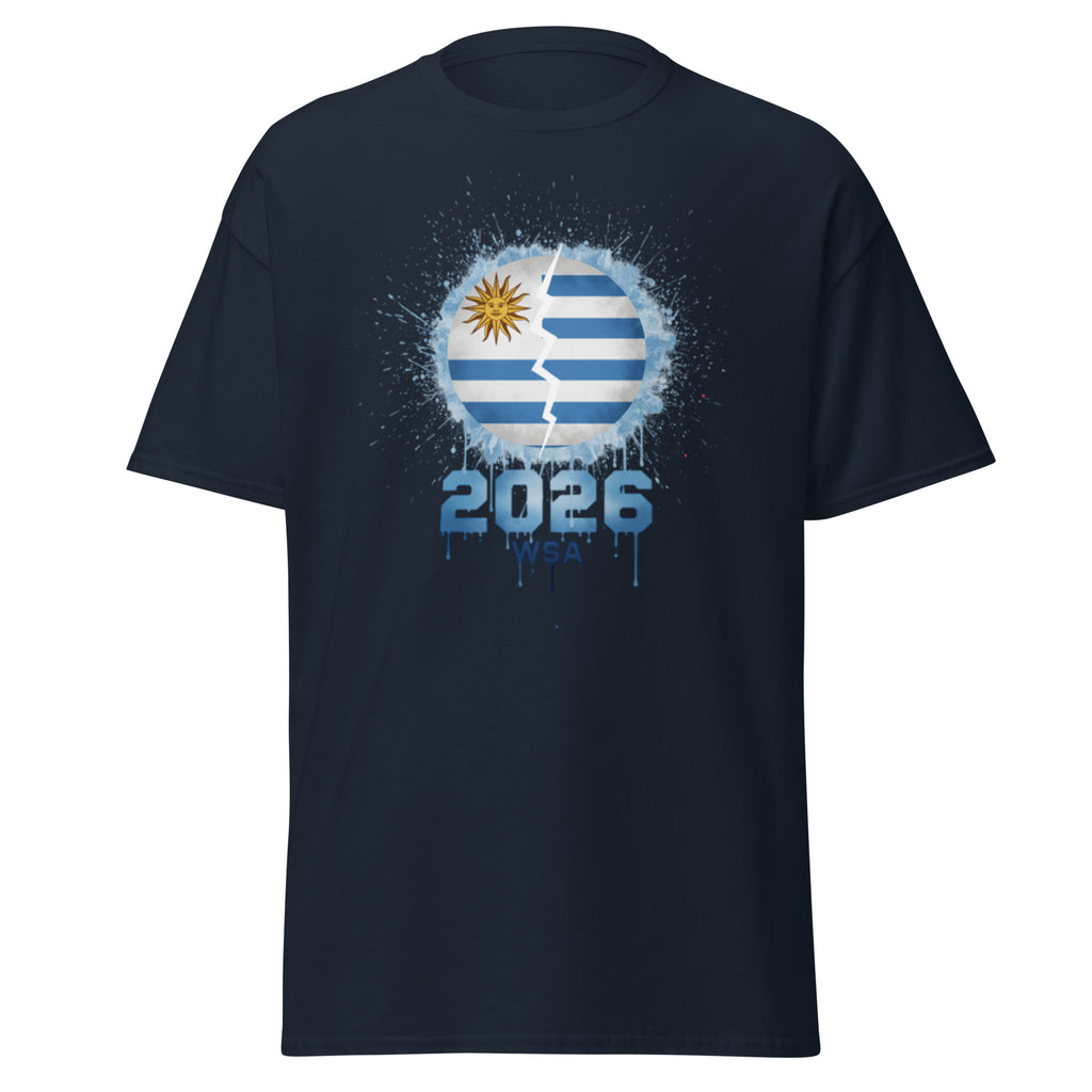 Navy blue t-shirt with 2026 World Cup Uruguay design on a white background