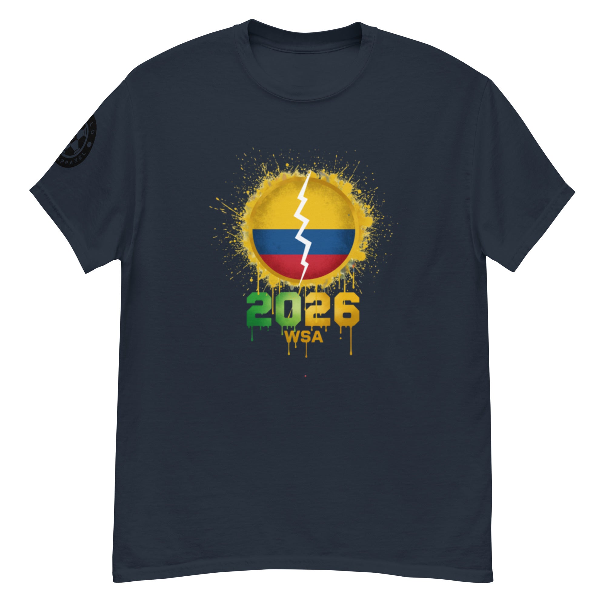 Navy blue t-shirt with a colorful graphic design featuring the number 2026 and text on a white background.