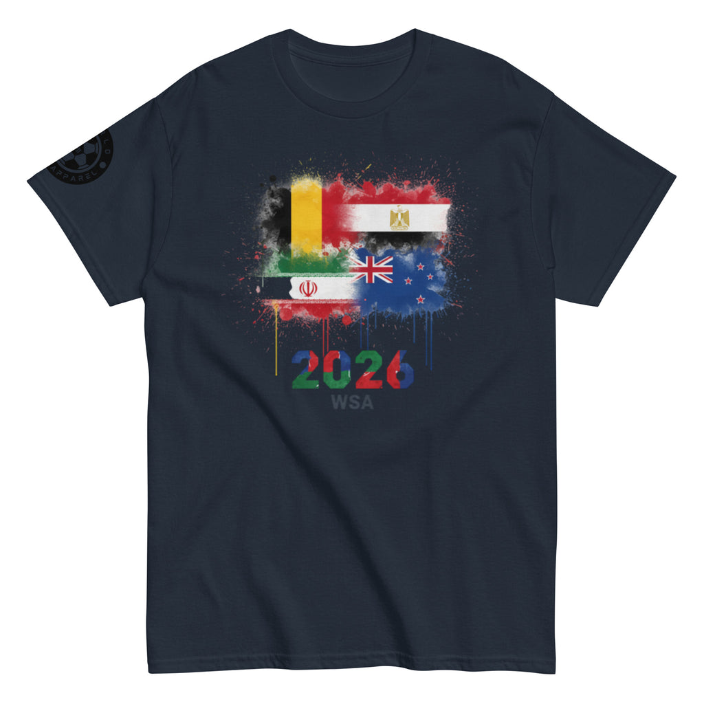 Navy blue t-shirt with colorful graphic design and '2026 WSA' text on a white background