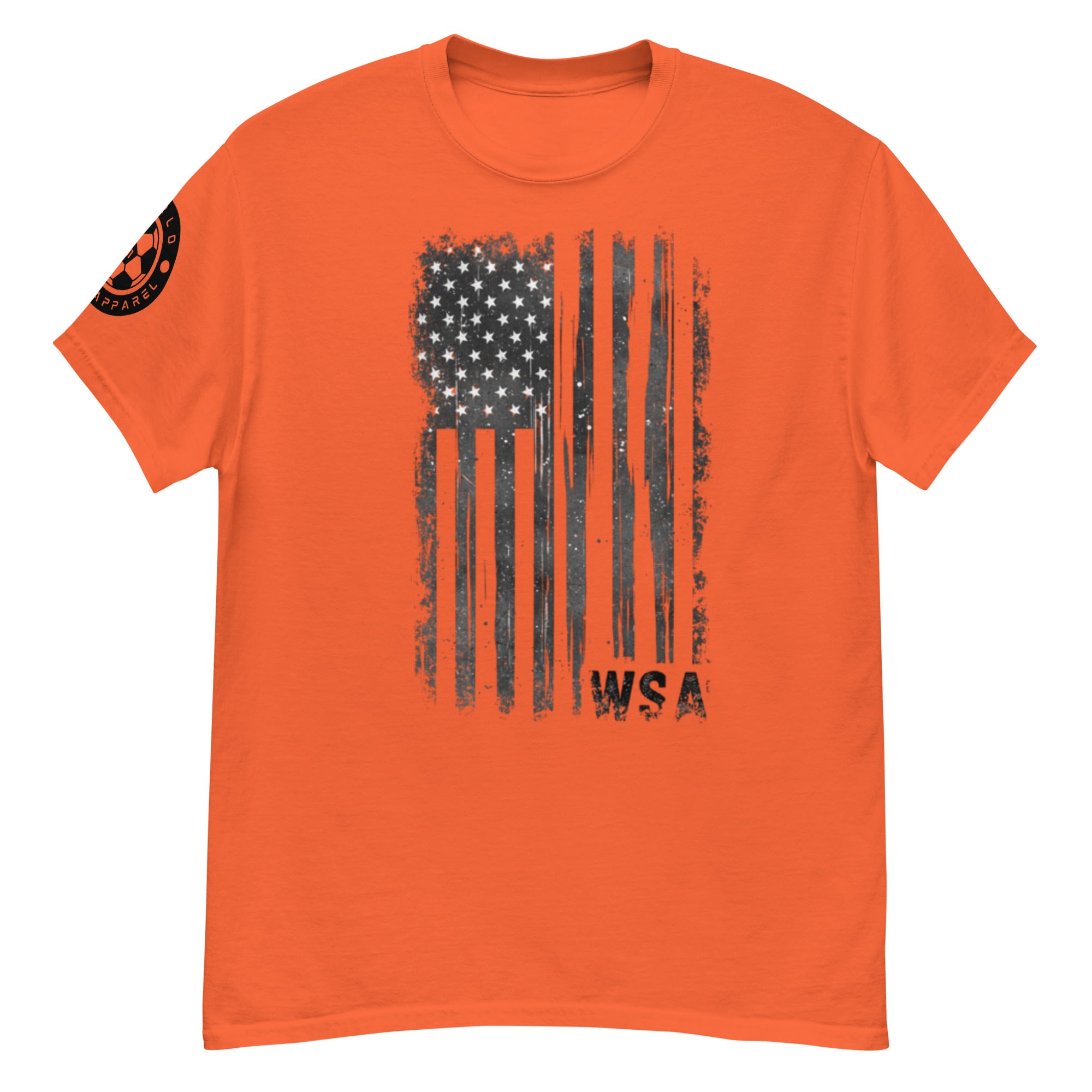Orange t-shirt with American flag graphic and 'WSA' text on a white background