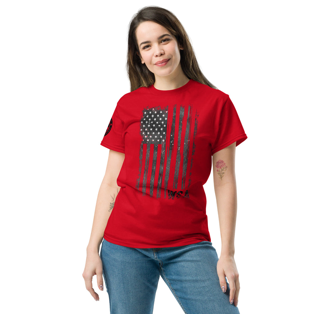 Woman wearing a red t-shirt with an American flag design on a white background