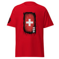 Red t-shirt with a white cross and 'WSA' text on a white background