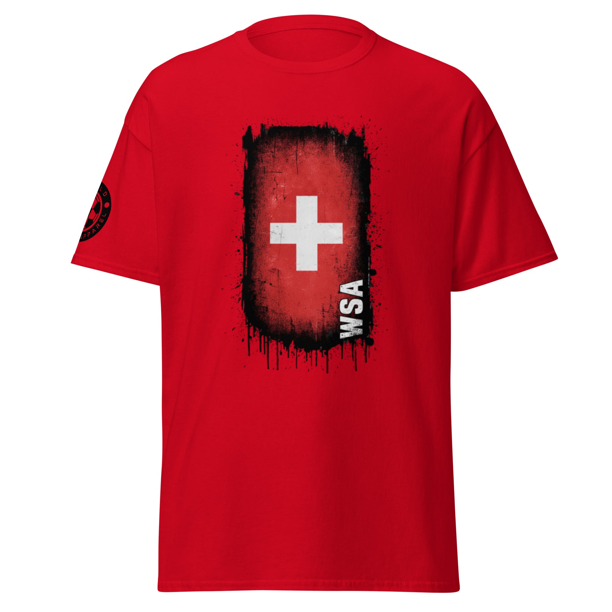 Red t-shirt with a white cross and 'WSA' text on a white background