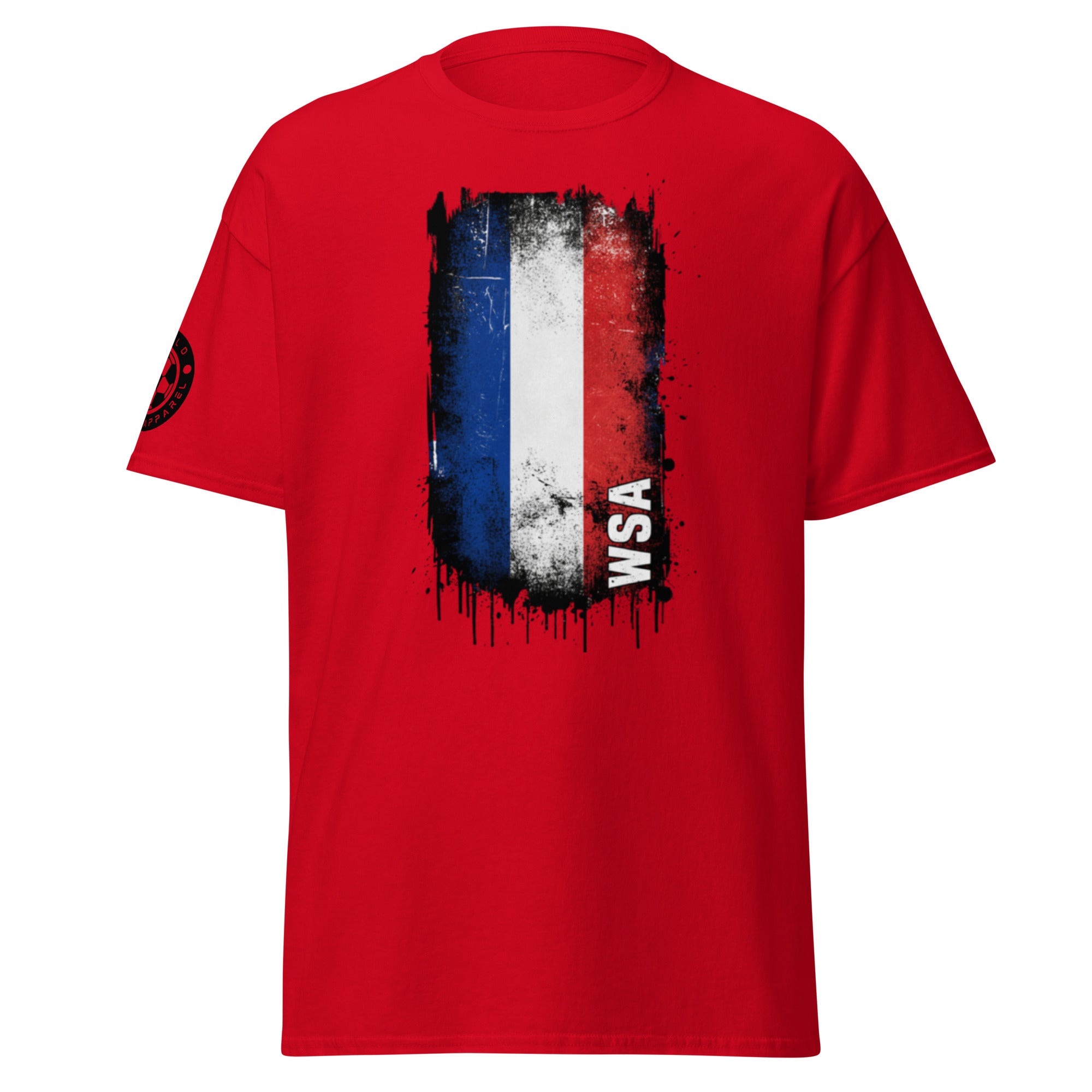 Red t-shirt with a flag design and 'WSA' text on a white background