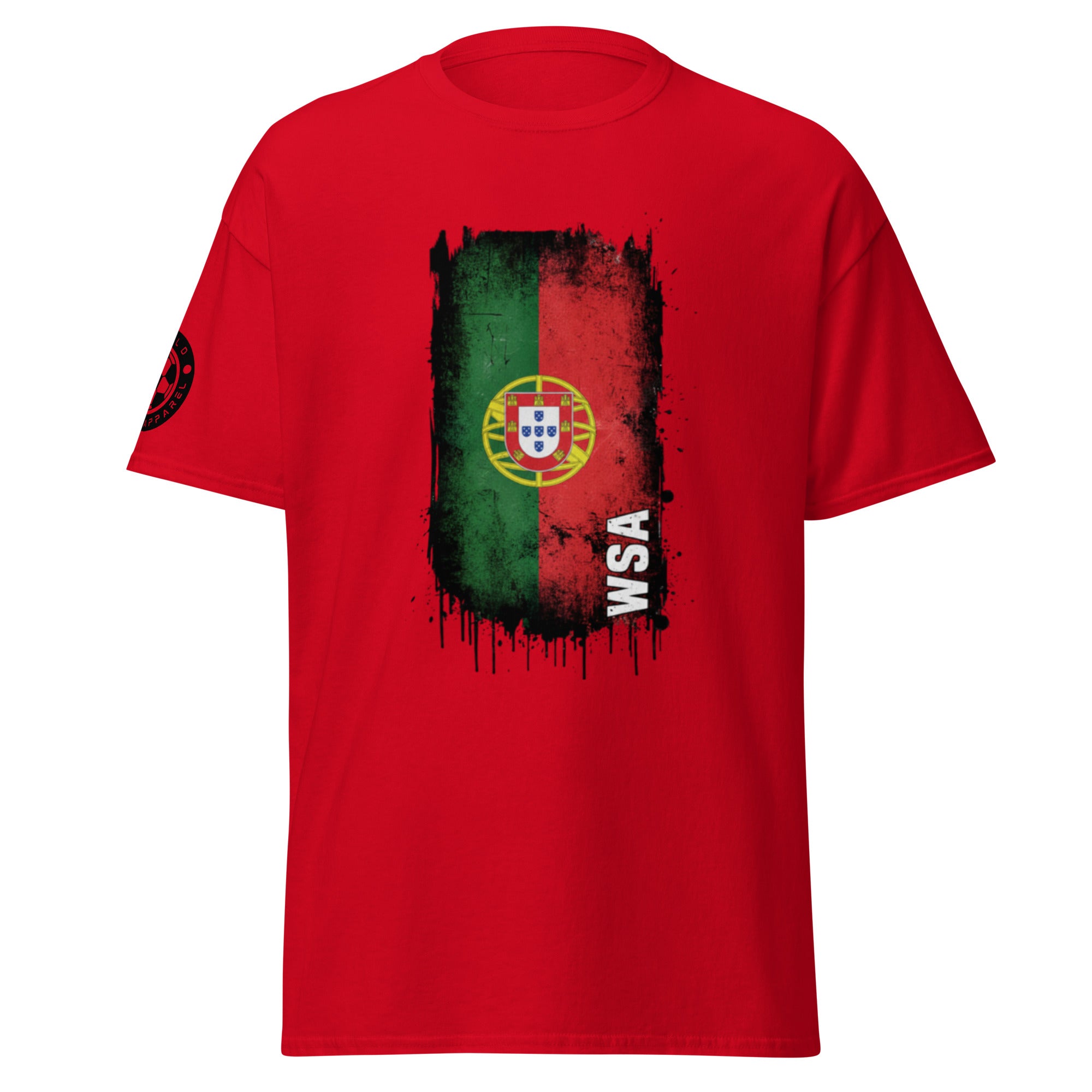 Red t-shirt with a graphic design featuring a flag and 'WSA' text on a white background