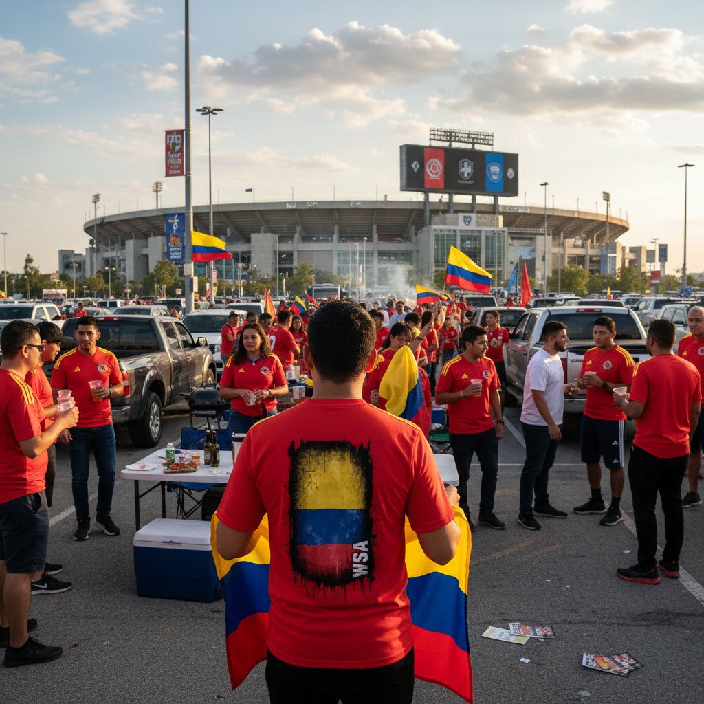 Red t-shirt with a colorful graphic design on a white background