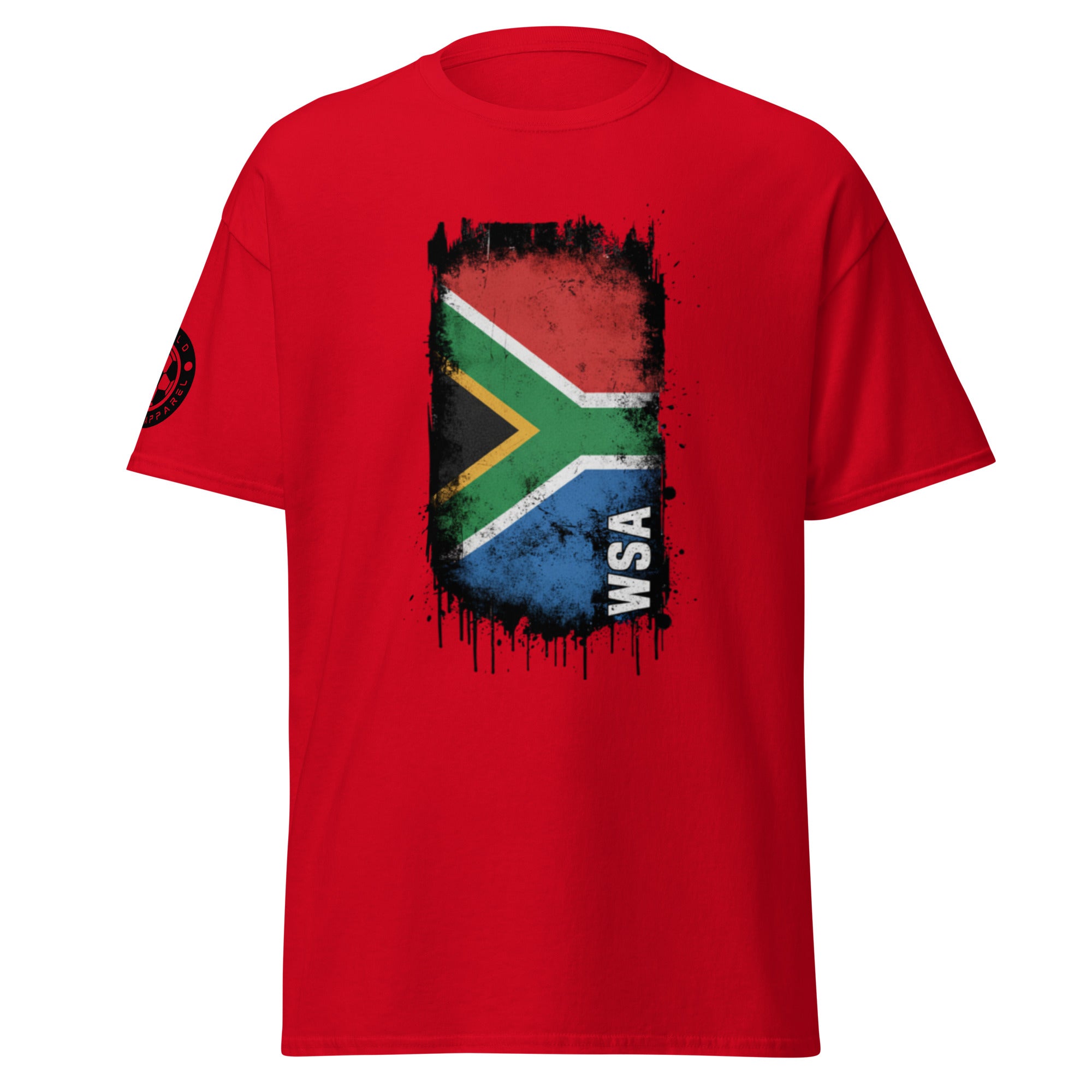 Red t-shirt with South African flag design and 'WSA' text on a white background