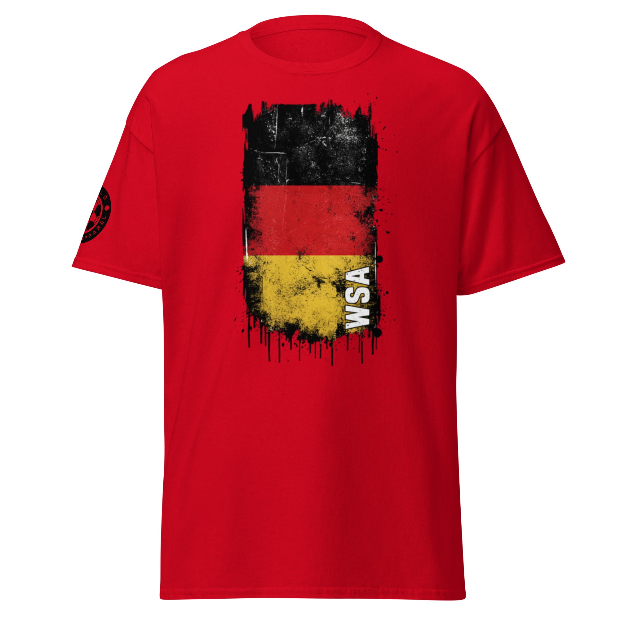 Red t-shirt with a black, yellow, and red design on a white background