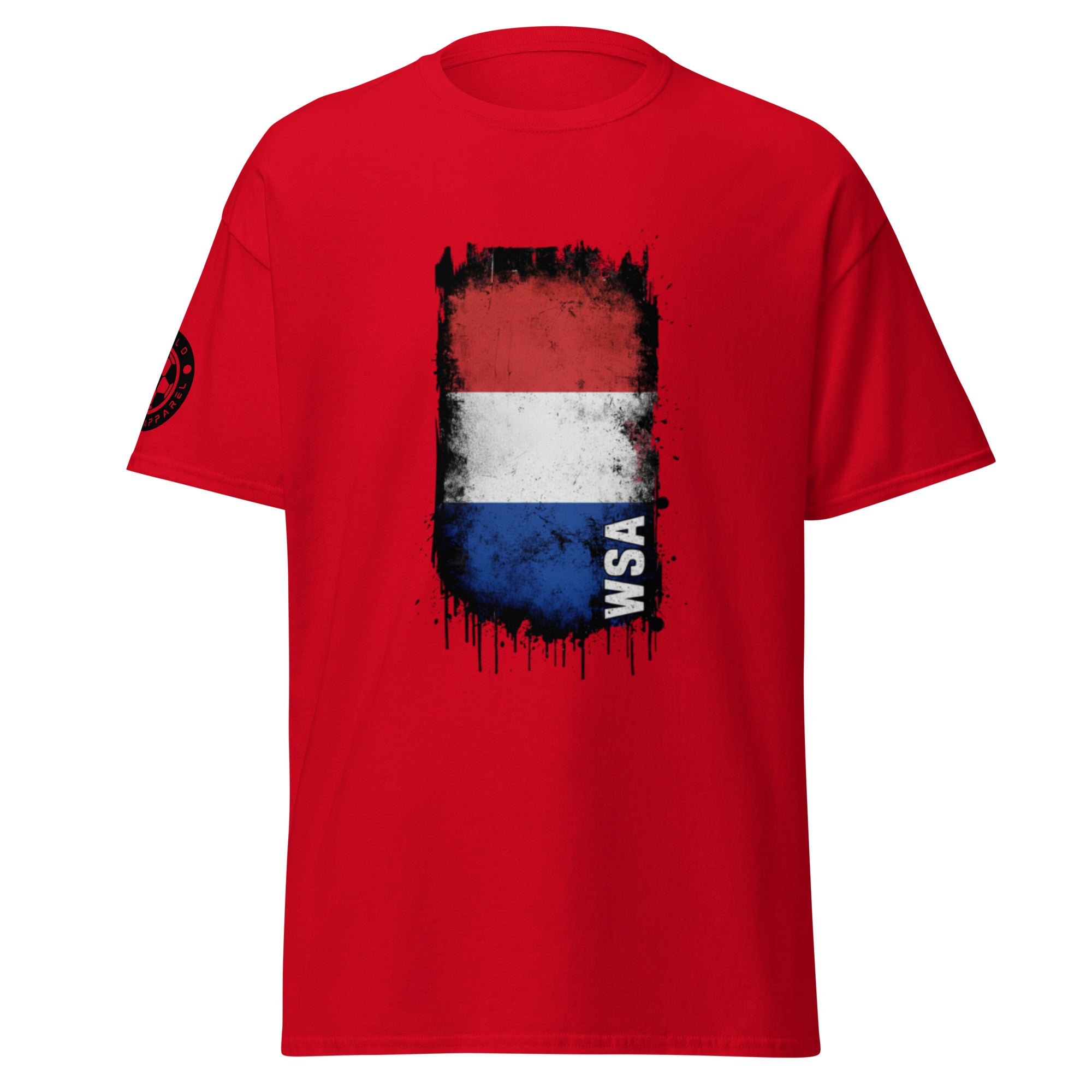 Red t-shirt with a flag design and 'WSA' branding on a white background
