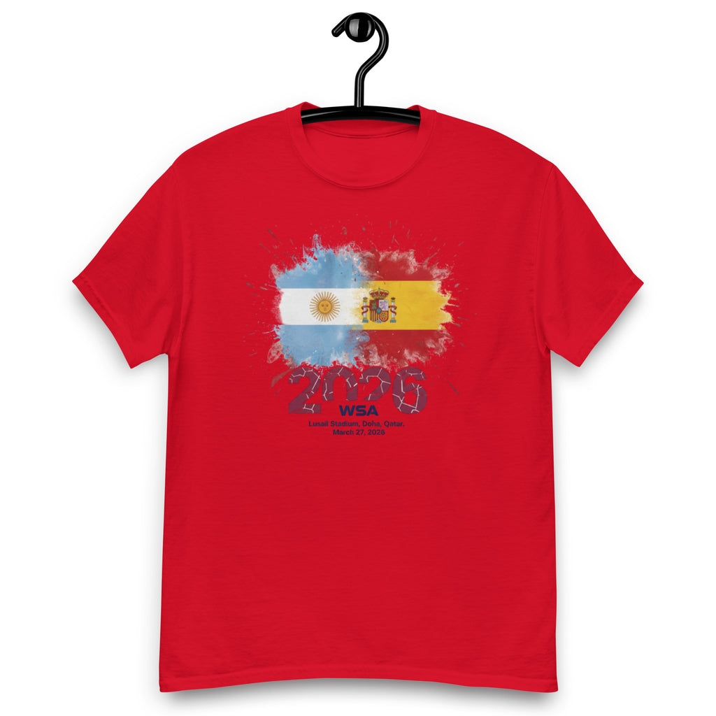 Red t-shirt with a graphic design on a hanger