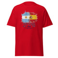 Red t-shirt with a graphic design featuring flags and text on a white background