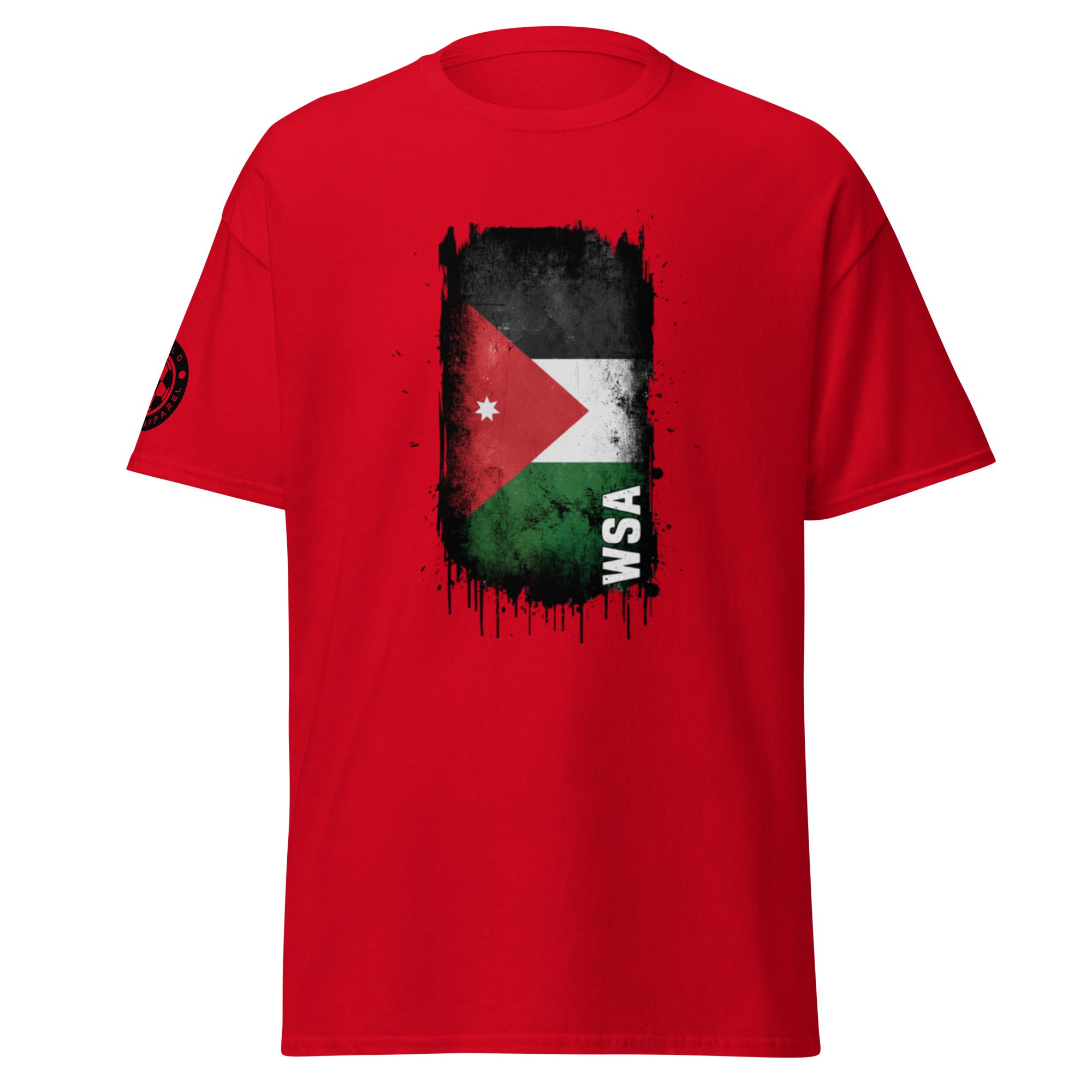 Red t-shirt with Jordanian flag design and 'WSA' text on a white background