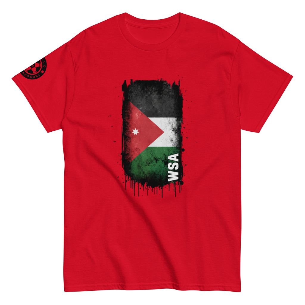 Red t-shirt with a flag design and 'WSA' text on a white background