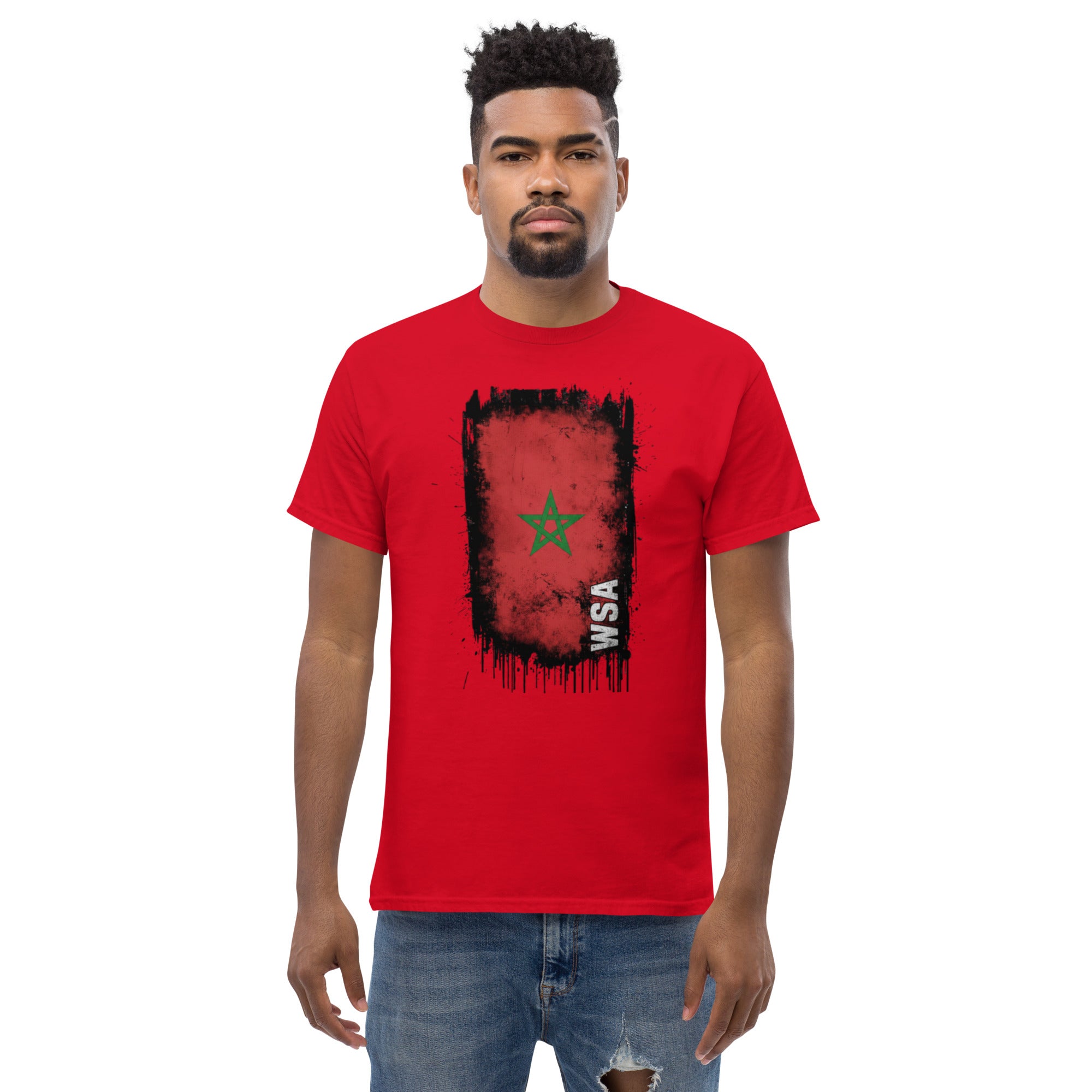 Man wearing a red t-shirt with a graphic design on a white background