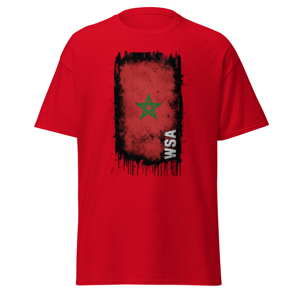 Red t-shirt with a graphic design of a flag and 'WSA' text on a white background