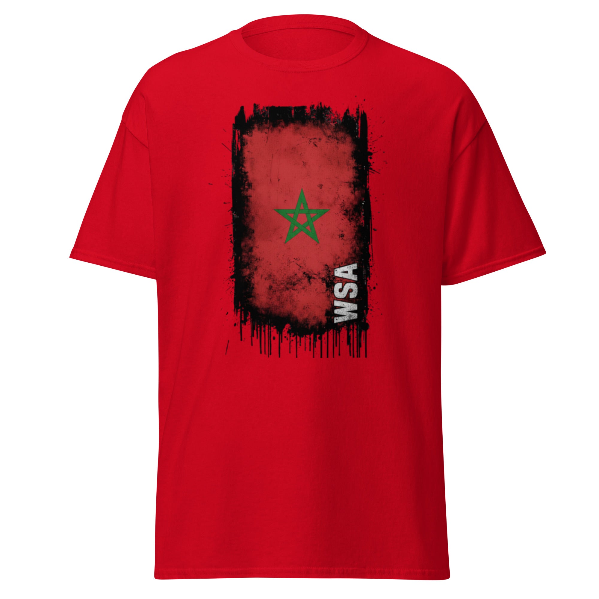 Red t-shirt with a graphic design of a flag and 'WSA' text on a white background