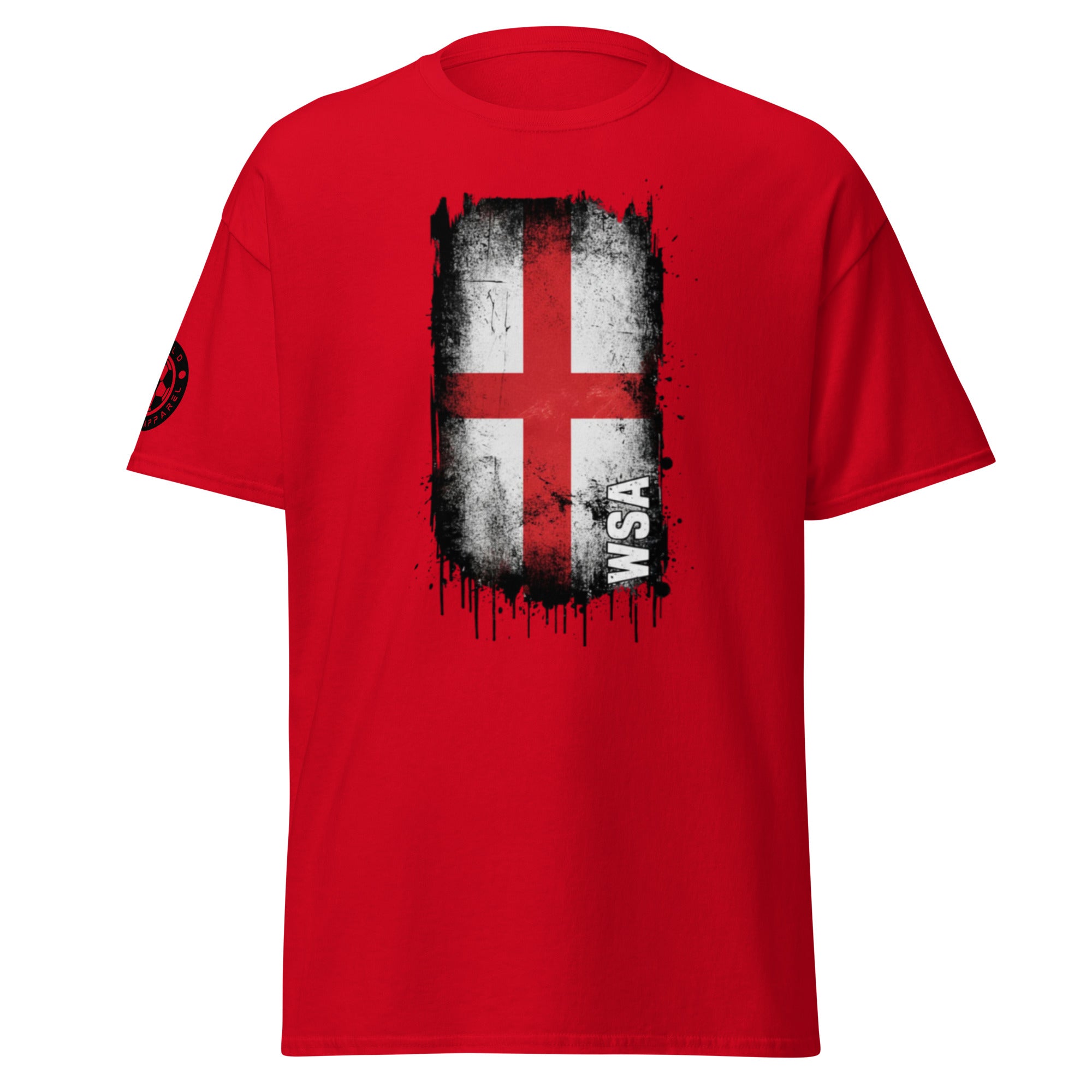 Red t-shirt with a graphic design on a white background