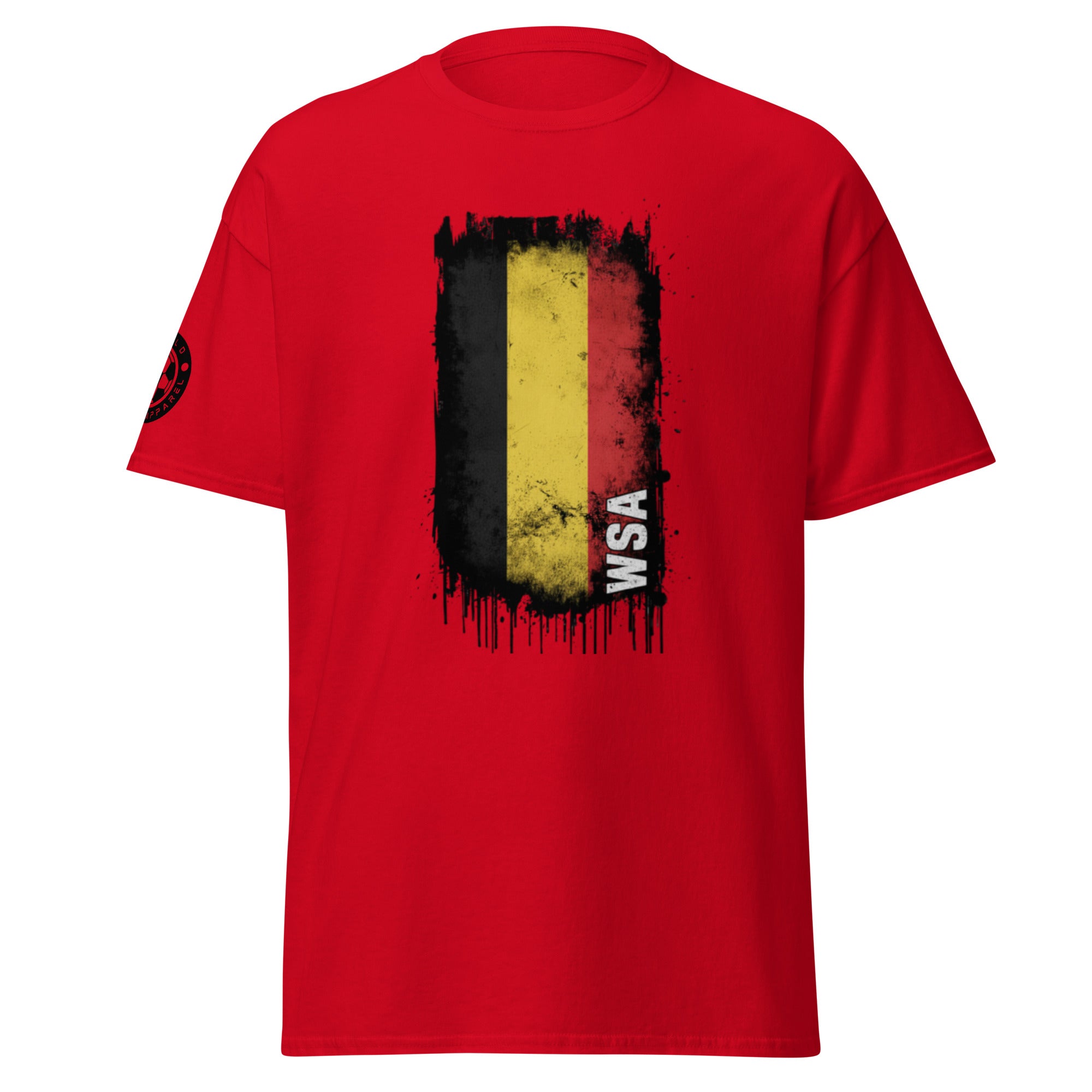 Red t-shirt with a graphic design featuring black, yellow, and white colors on a white background