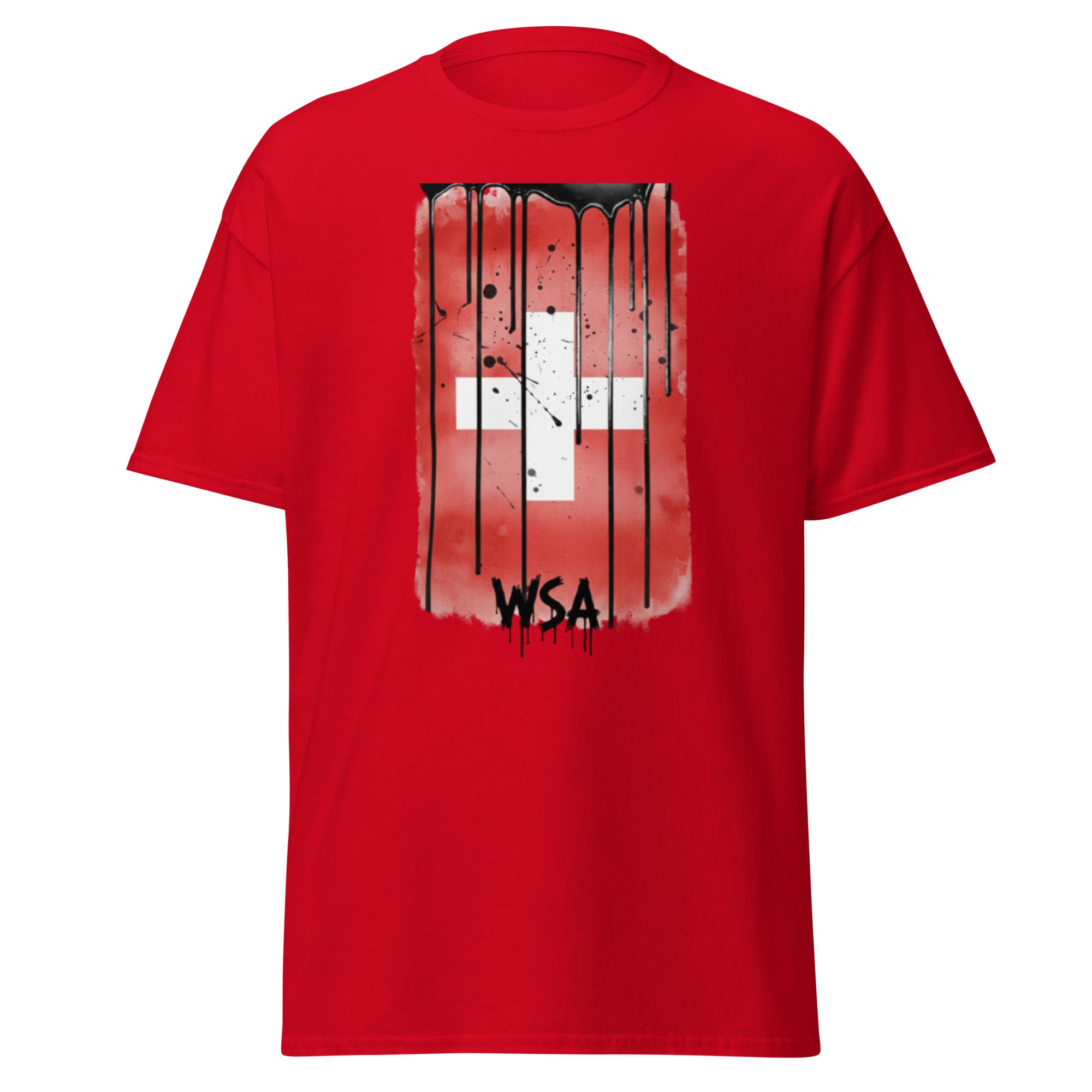 Red t-shirt with a graphic design and 'WSA' text on a white background
