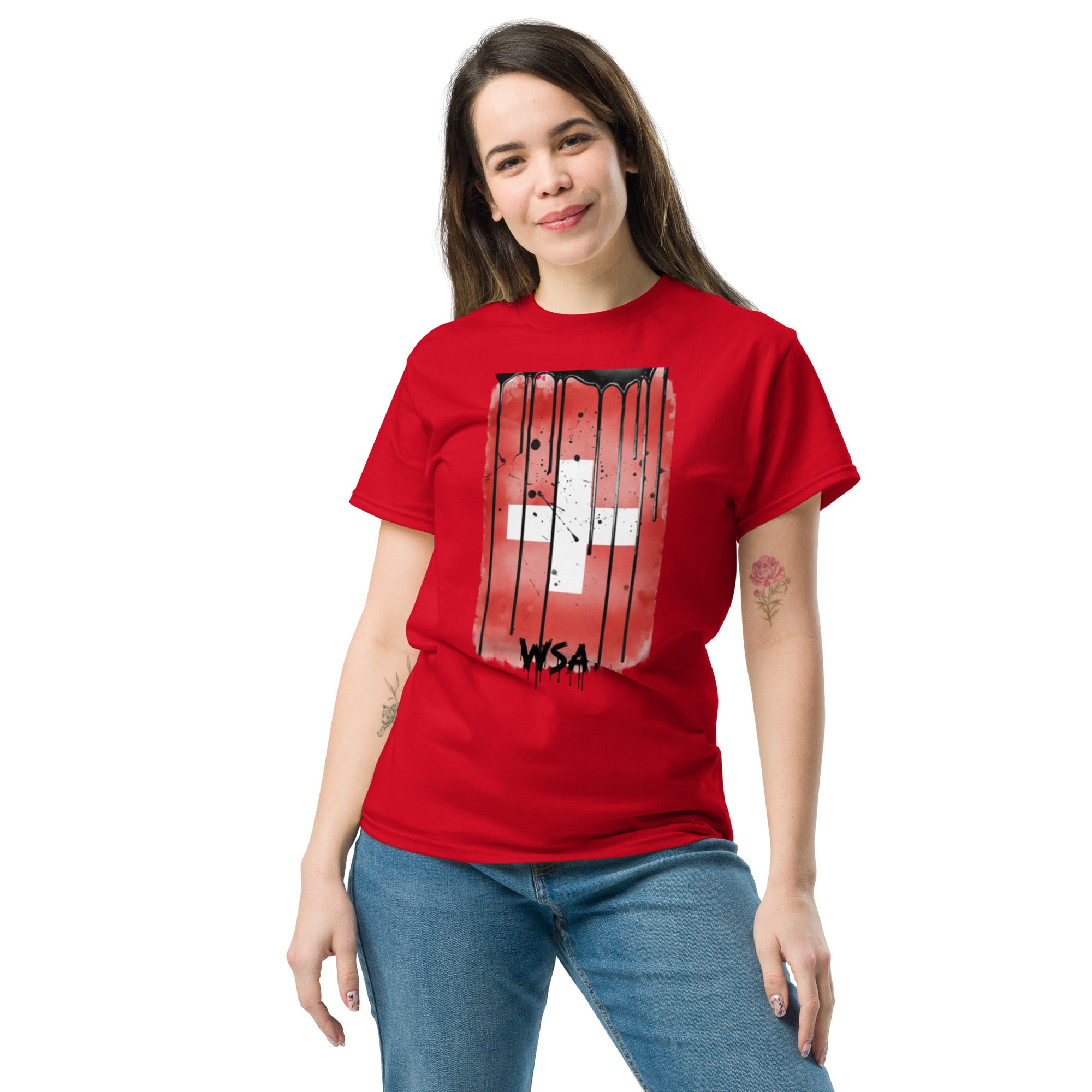 Woman wearing a red t-shirt with a graphic design on a white background