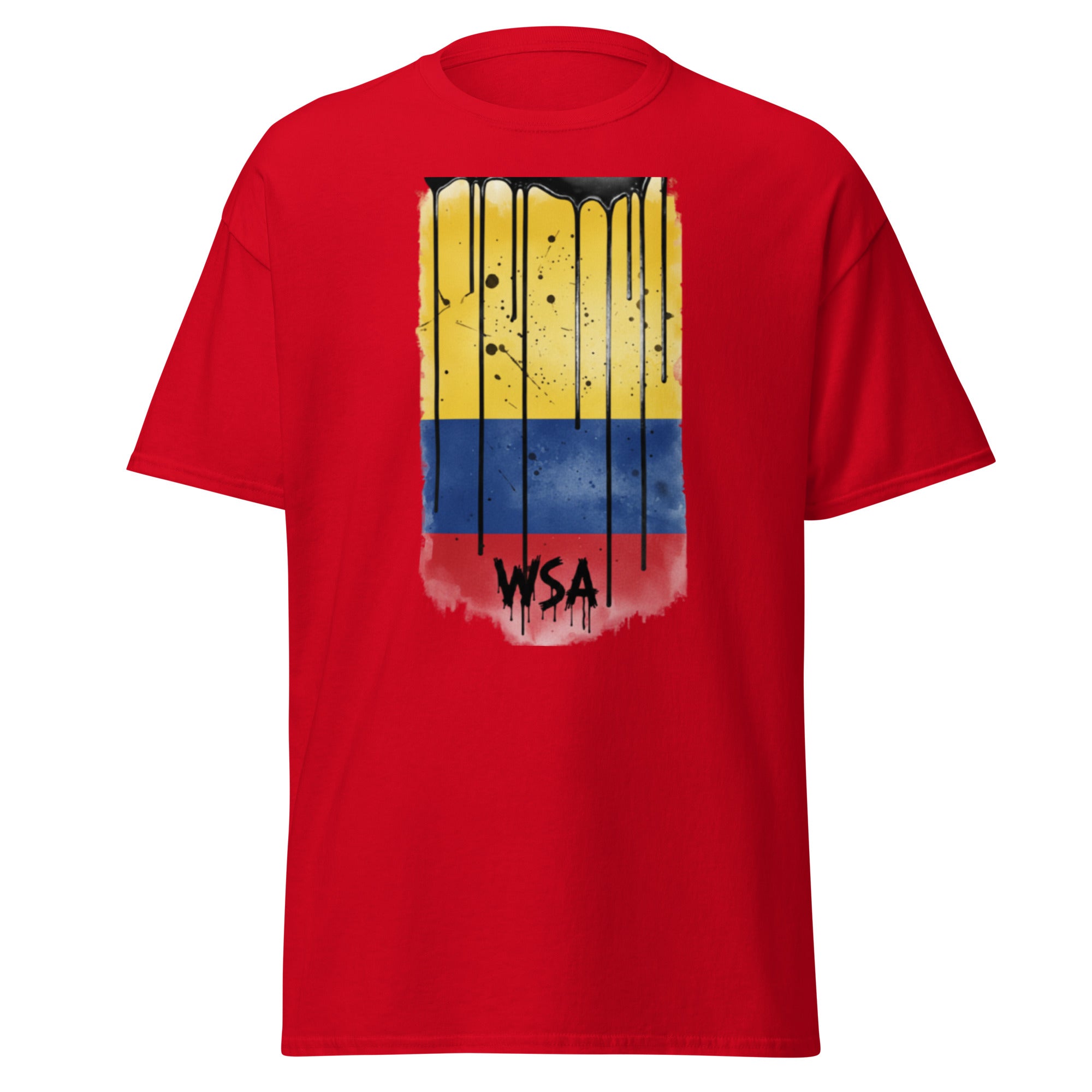 Red t-shirt with a colorful graphic design and 'WSA' text on a white background