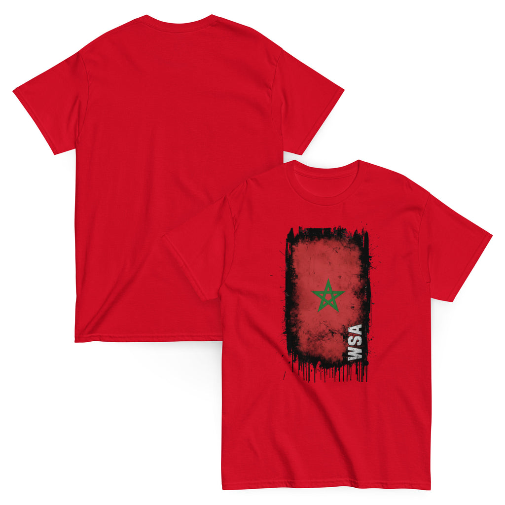 Red t-shirt with a graphic design on the front, displayed from both front and back views.