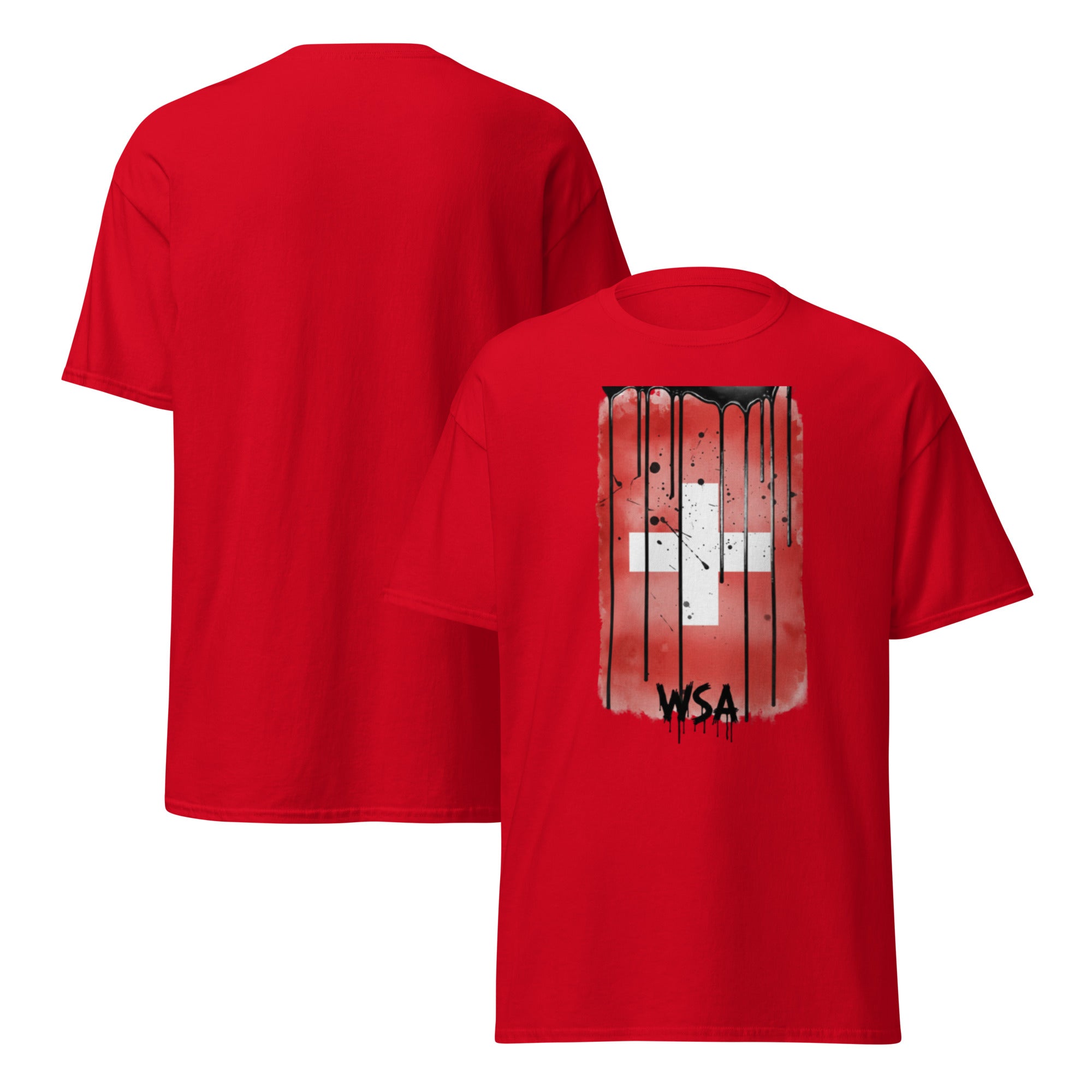 Red t-shirt with graphic design on front and back