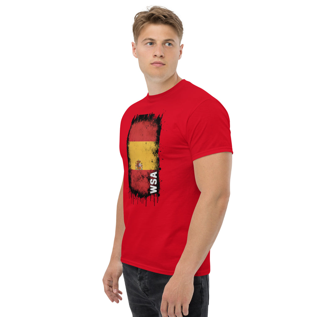 Man wearing a red t-shirt with a graphic design on a white background