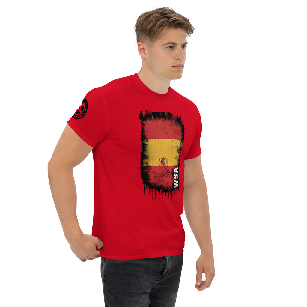 Man wearing a red t-shirt with a graphic design on a white background