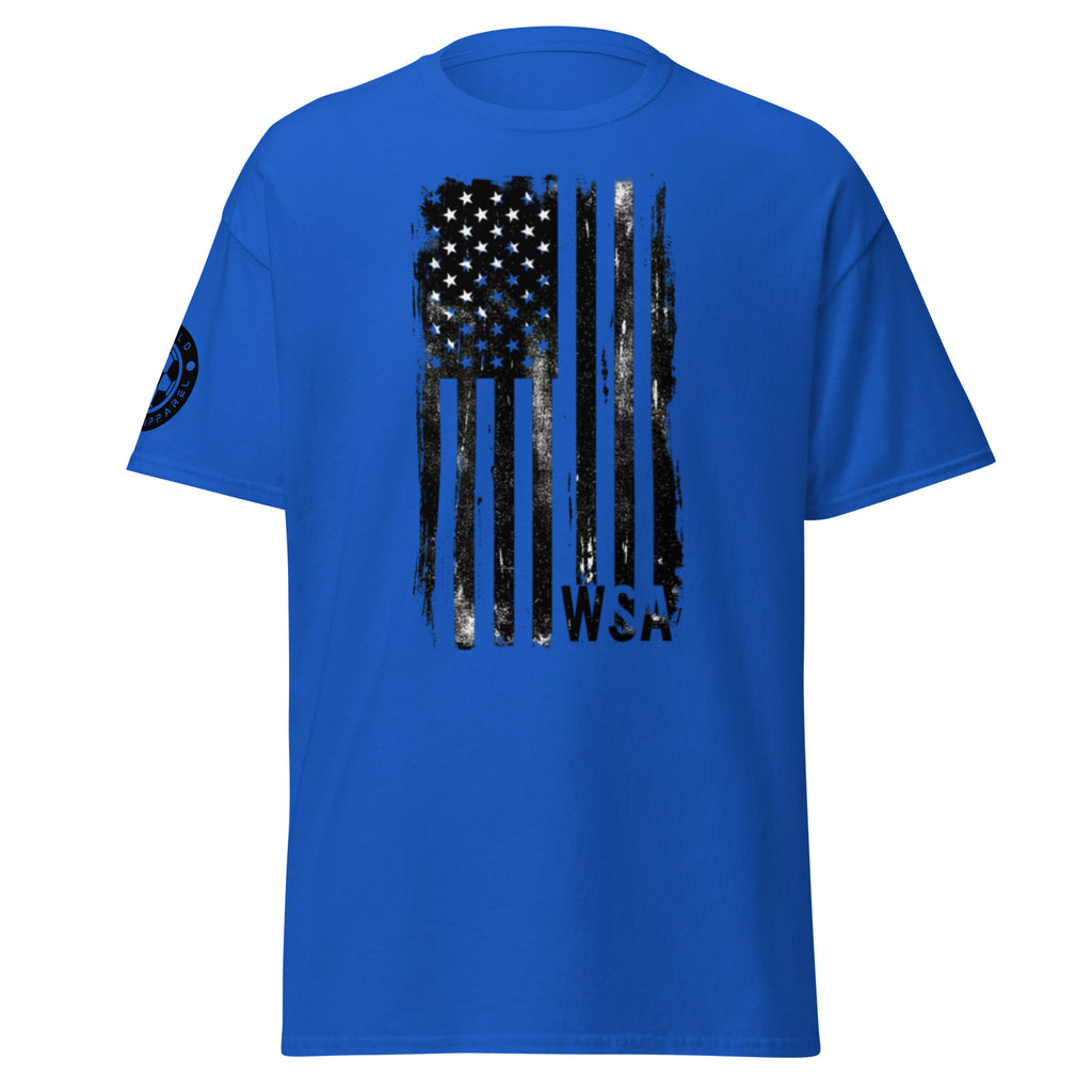 Blue t-shirt with black American flag graphic and 'WSH' text on a white background